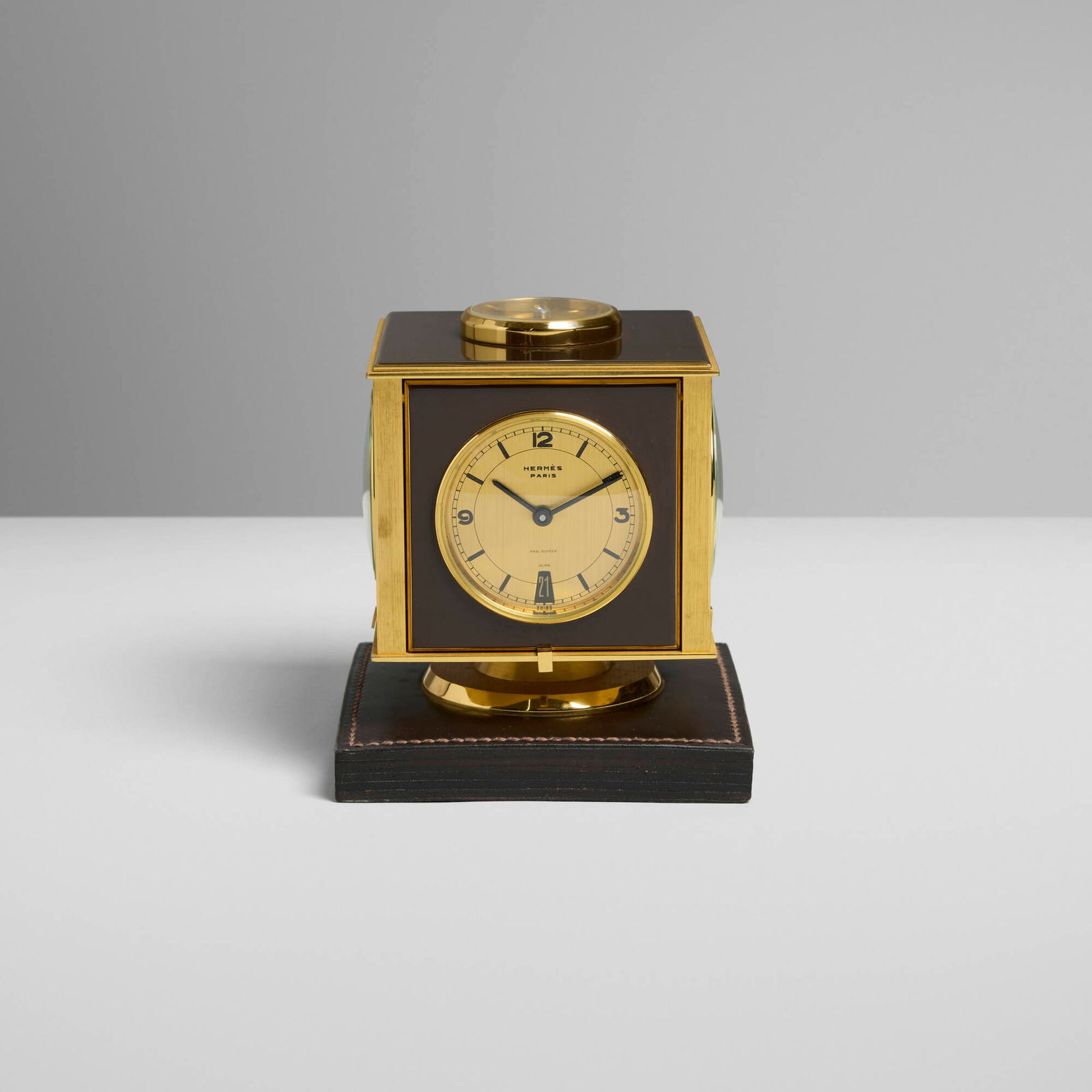 Paul Dupre-Lafon for Hermes, Compendium desk clock: Paul Dupre-Lafon for Hermes Compendium desk clock France, c. 1970brass, lacquer, glass, saddle-stitched leather, wood 4.75 h x 4.5 w x 4.5 d in (12 x 11 x 11 cm) Clock features a compass, baro