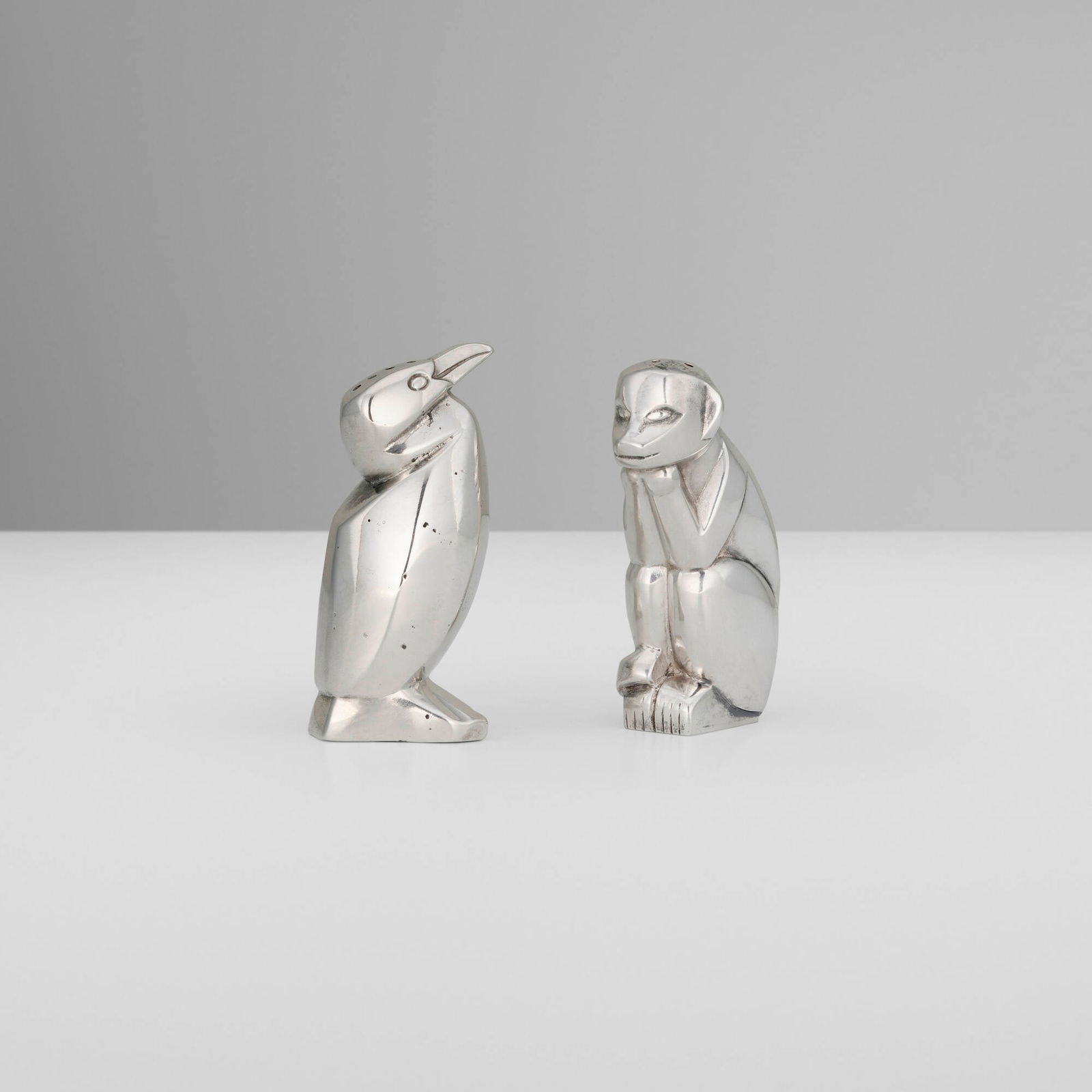 Edouard-Marcel Sandoz, Gallia animalier salt and pepper shakers, set of two: Edouard-Marcel Sandoz Gallia animalier salt and pepper shakers, set of two Switzerland, c. 1930 silver-plated metal 3.25 h x 1.5 w x 1.5 d in (8 x 4 x 4 cm) Set is comprised of a penguin example