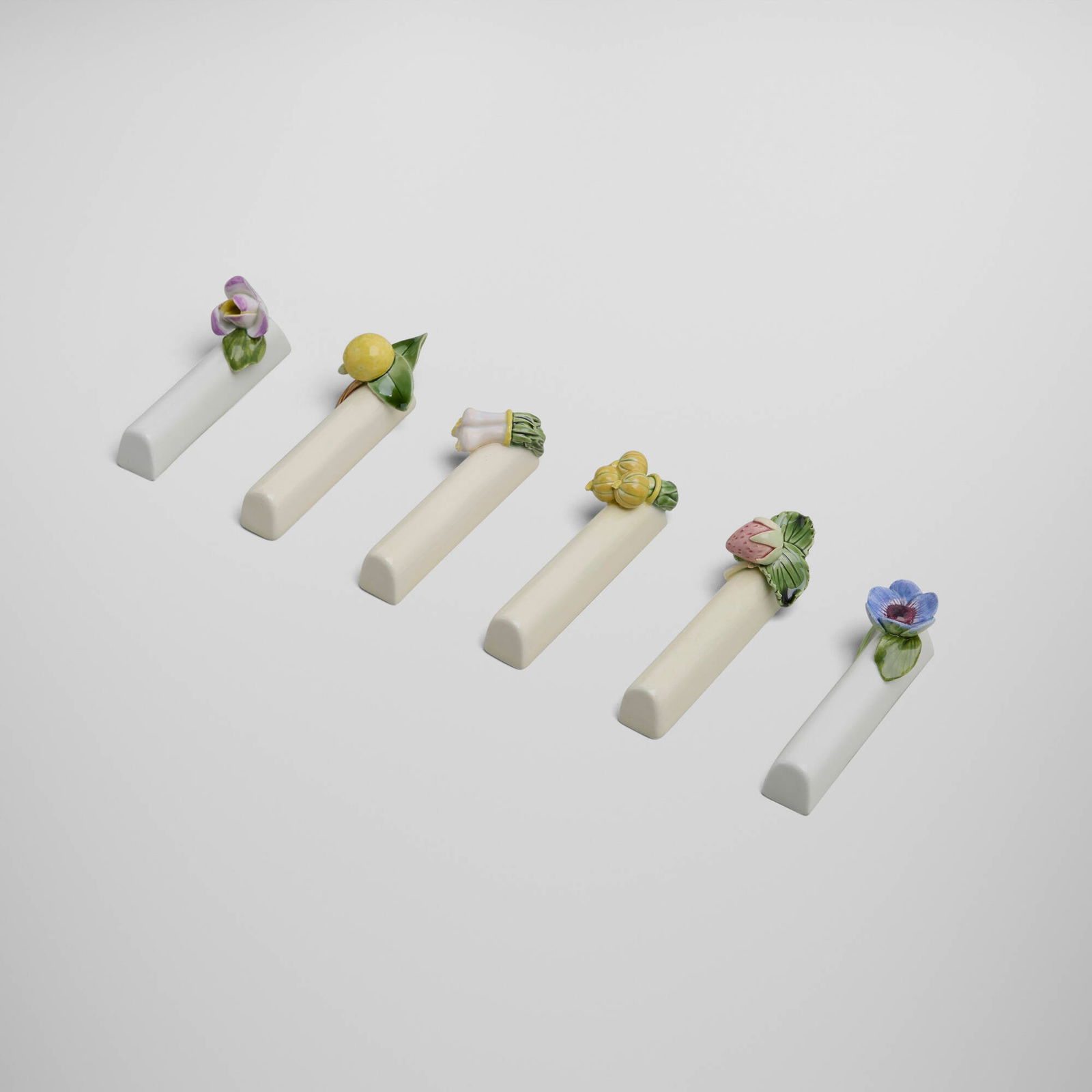 Continental, Knife rests, set of six: Continental Knife rests, set of six second half of the 20th century glazed porcelain 1.5 h x 3.5 w x 1 d in (4 x 9 x 3 cm) Provenance: Private European Collection This work will ship from