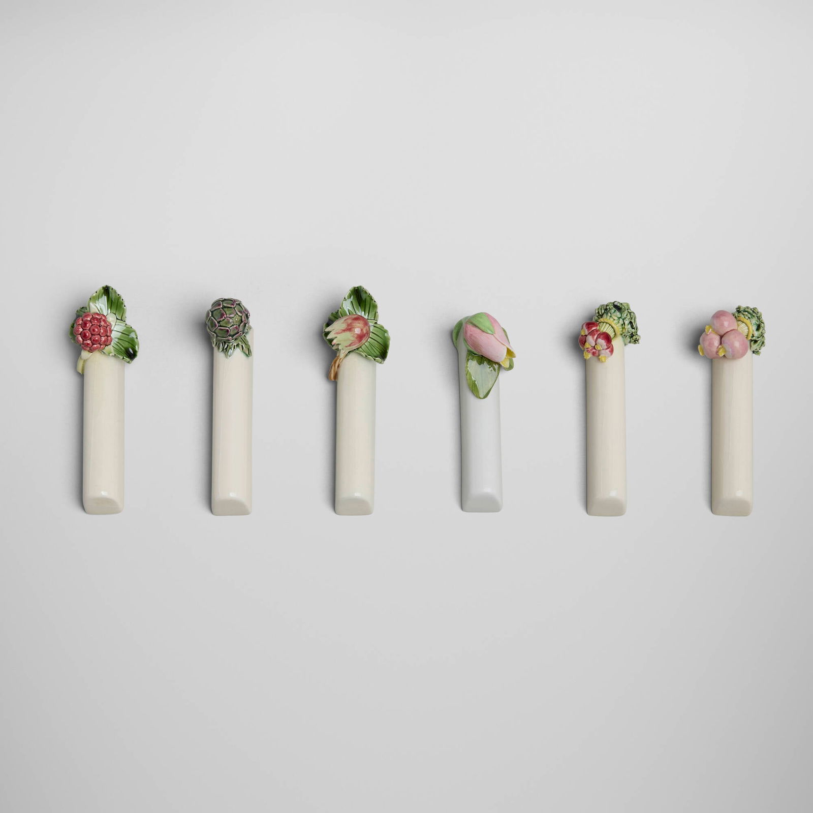 Continental, Knife rests, set of six: Continental Knife rests, set of six second half of the 20th century glazed porcelain 1.5 h x 3.5 w x 1 d in (4 x 9 x 3 cm) Provenance: Private European Collection This work will ship from