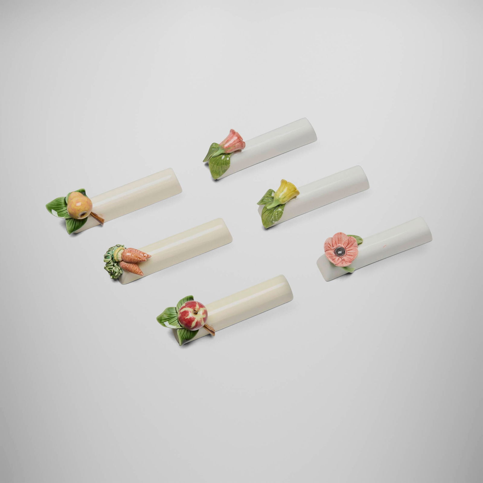 Continental, Knife rests, set of six: Continental Knife rests, set of six second half of the 20th century glazed porcelain 1.5 h x 3.5 w x 1 d in (4 x 9 x 3 cm) Provenance: Private European Collection This work will ship from