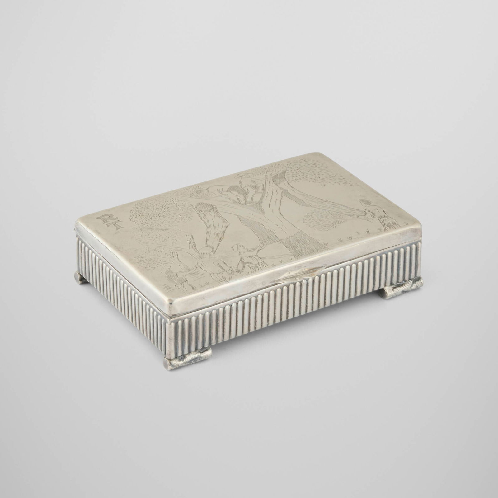 Spanish, Unusual cigar box with cork harvesting scene: Spanish Unusual cigar box with cork harvesting scene after 1934silver, wood 2 h x 8 w x 5.5 d in (5 x 20 x 14 cm) Obscured maker's mark and Spanish hallmark to handle. Engraved monogram to upp