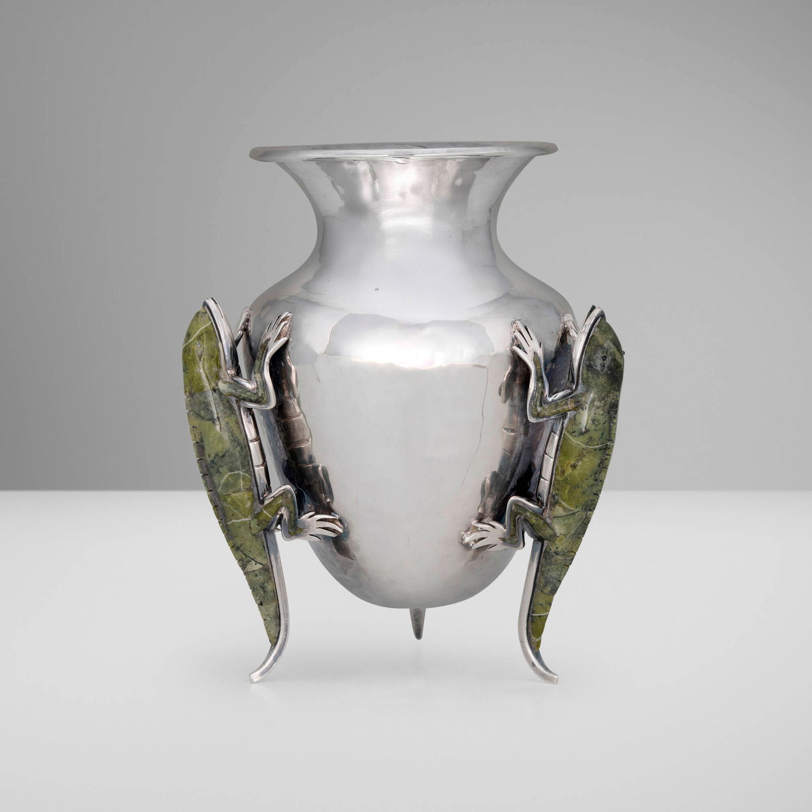 Emilia Castillo for Los Castillo, Iguana vase: Emilia Castillo for Los Castillo Iguana vase Mexico, c. 1980silver-plated metal, hardstone inlay 7.5 h x 6.5 dia in (19 x 17 cm) Impressed manufacturer's mark to underside 'Los Castillo Platea