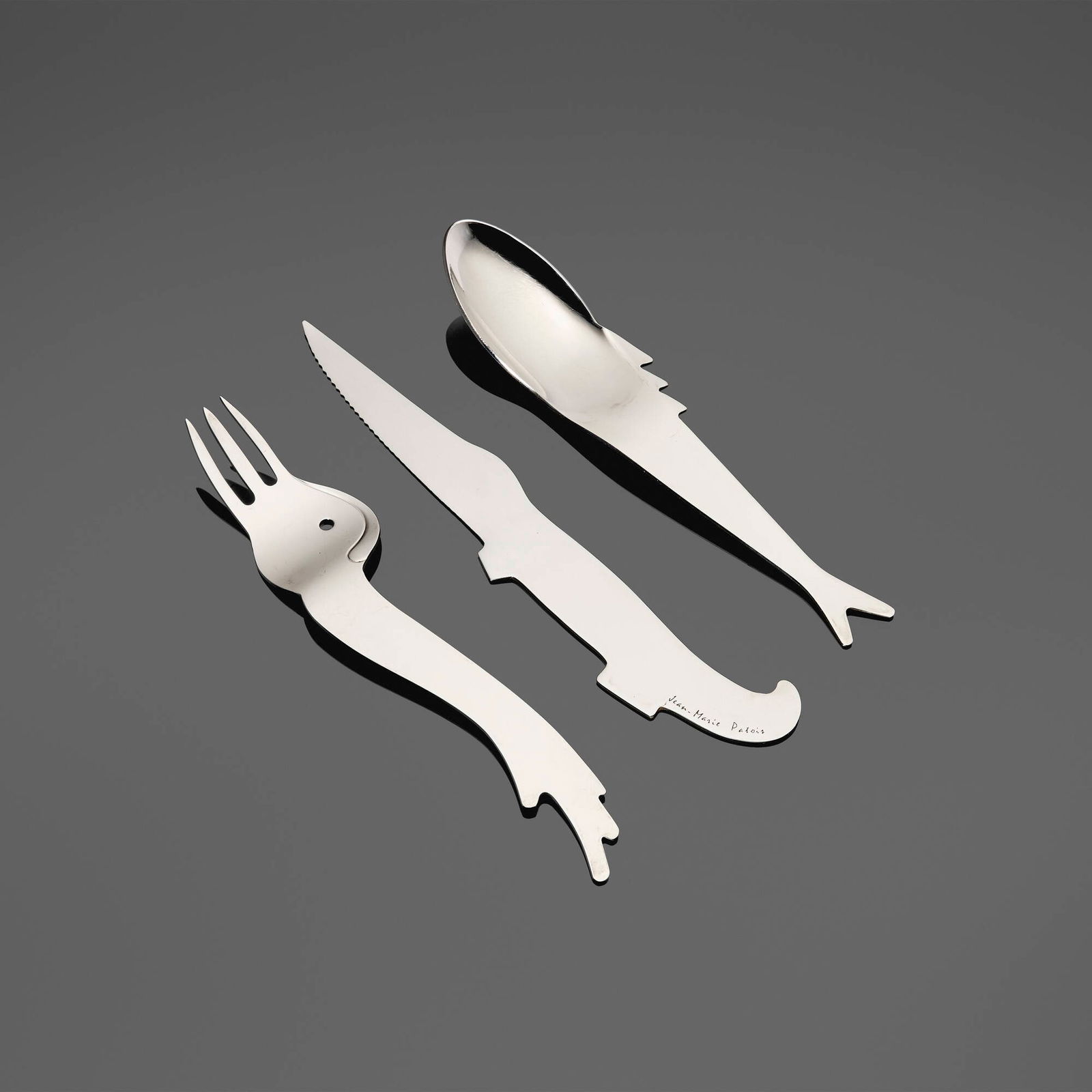 Jean Marie Patois, Esotismo flatware service: Jean Marie Patois Esotismo flatware service France, 1988 stainless steel 1.125 h x 8.125 w x 1.75 d in (3 x 21 x 4 cm) 0.875 h x 8.5 w x 1.75 d in (2 x 22 x 4 cm) 0.125 h x 9.25 w x 1.875 d in (0 x