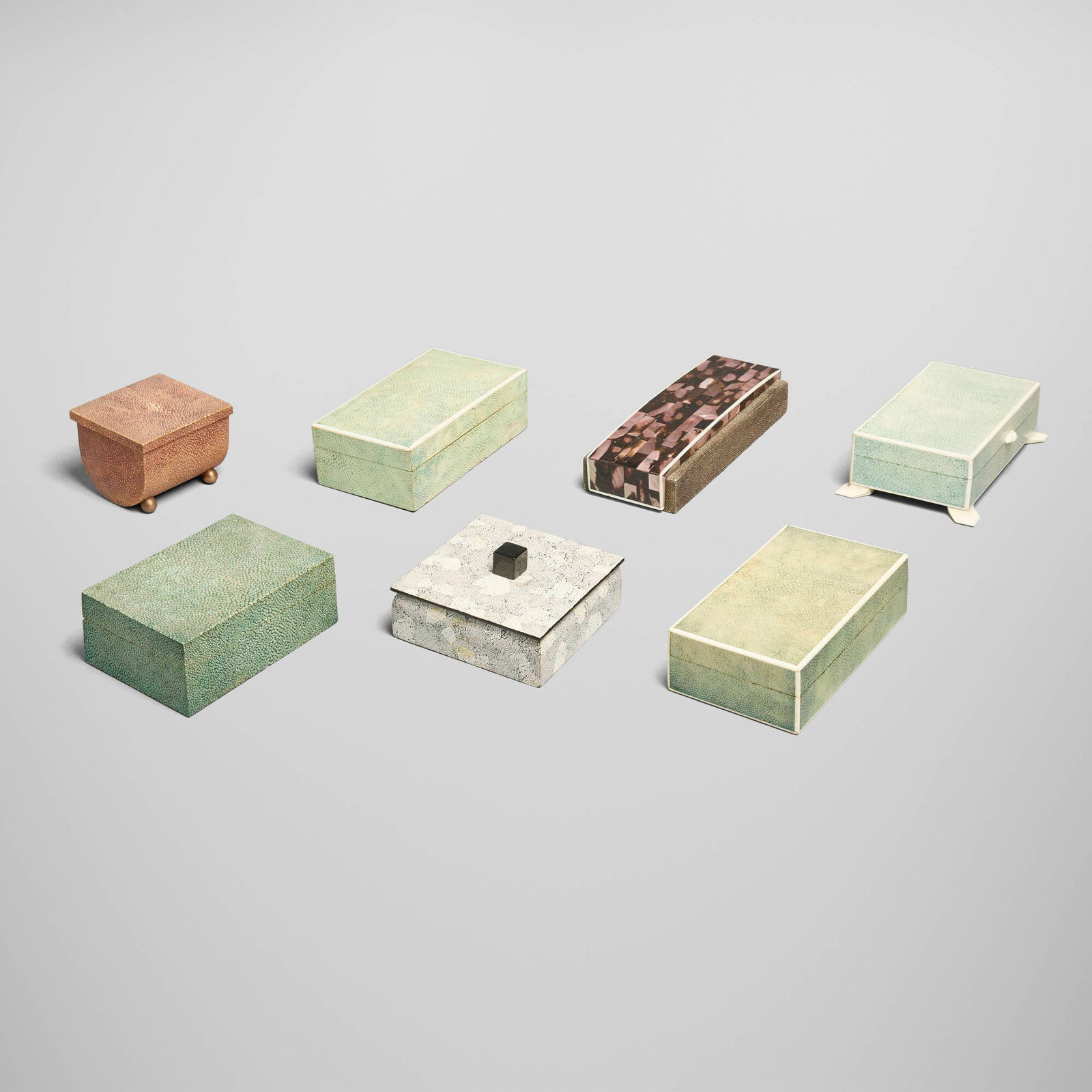 European, Collection of seven boxes: European Collection of seven boxes 20th century shagreen, mother-of-pearl, brass, bone, various woods largest: 1.5 h x 9.25 w x 3.5 d in (4 x 23 x 9 cm) smallest: 3 h x 4 w x 3.5 d in (8 x 10 x 9