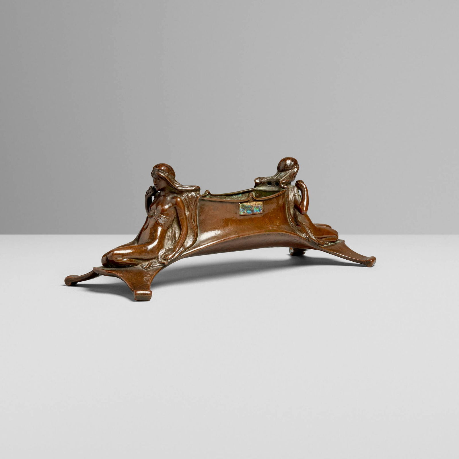 William Ernest Reynolds-Stephens, Arts & Crafts figural bonbonniere: William Ernest Reynolds-Stephens Arts & Crafts figural bonbonniere United Kingdom, c. 1899 bronze, abalone shell 4.75 h x 12.75 w x 5 d in (12 x 32 x 13 cm) Incised signature to underside