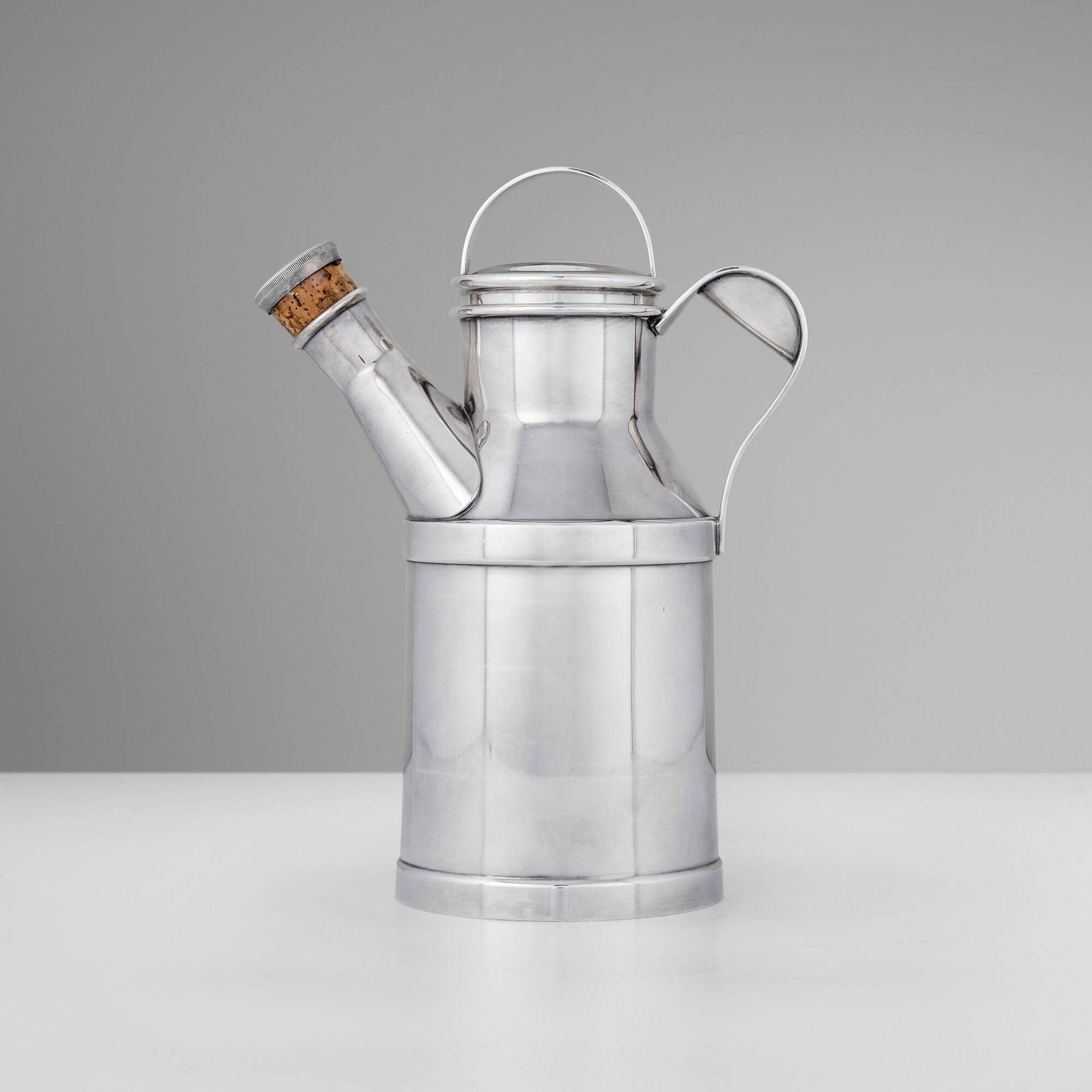 Reed & Barton, Milk Jug cocktail shaker: Reed & Barton Milk Jug cocktail shaker Taunton, USA, 1938 silver-plated metal, cork 11 h x 8 w x 5 d in (28 x 20 x 13 cm) Impressed manufacturer's mark to underside 'Reed & Barton' with paper
