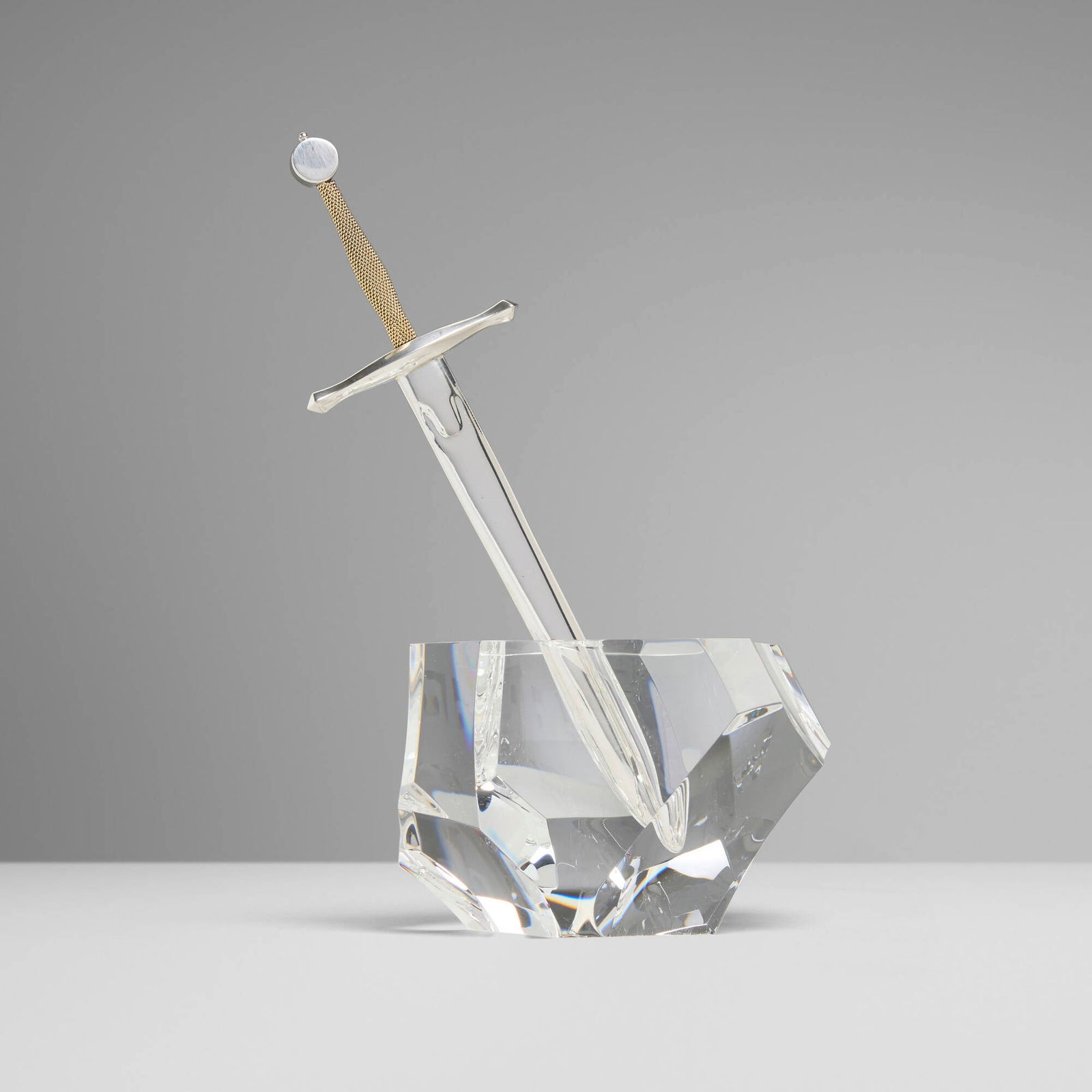 James Houston for Steuben, Excalibur paperweight and letter opener: James Houston for Steuben Excalibur paperweight and letter opener USA, c. 1964lead glass, sterling silver, 18k yellow gold 8.5 h x 5 w x 3.25 d in (22 x 13 x 8 cm) Etched manufacturer's mark t