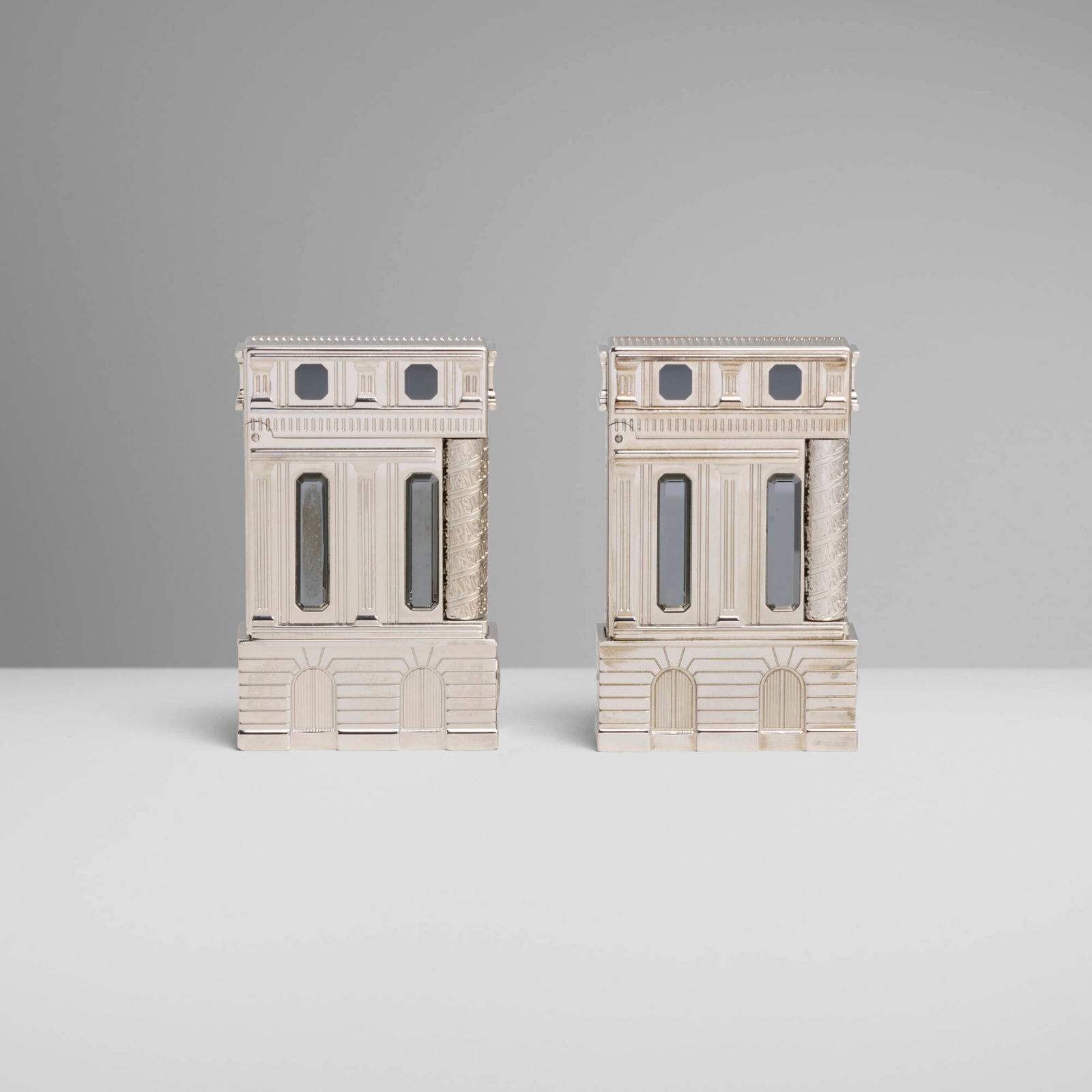 S.T. Dupont, Place Vendome pocket lighters, set of two: S.T. Dupont Place Vendome pocket lighters, set of two France, 2008lacquer, palladium-plated metal, hematite 2.5 h x 1.5 w x 0.5 d in (6 x 4 x 1 cm) Impressed manufacturer's marks to each examp