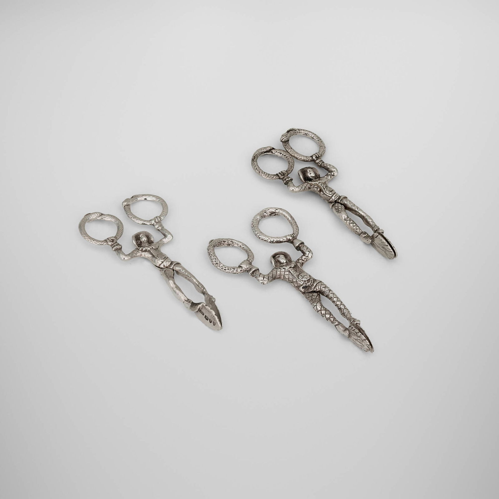 Various Makers, Harlequin sugar tongs with serpent handles, set of three (1 of 4)