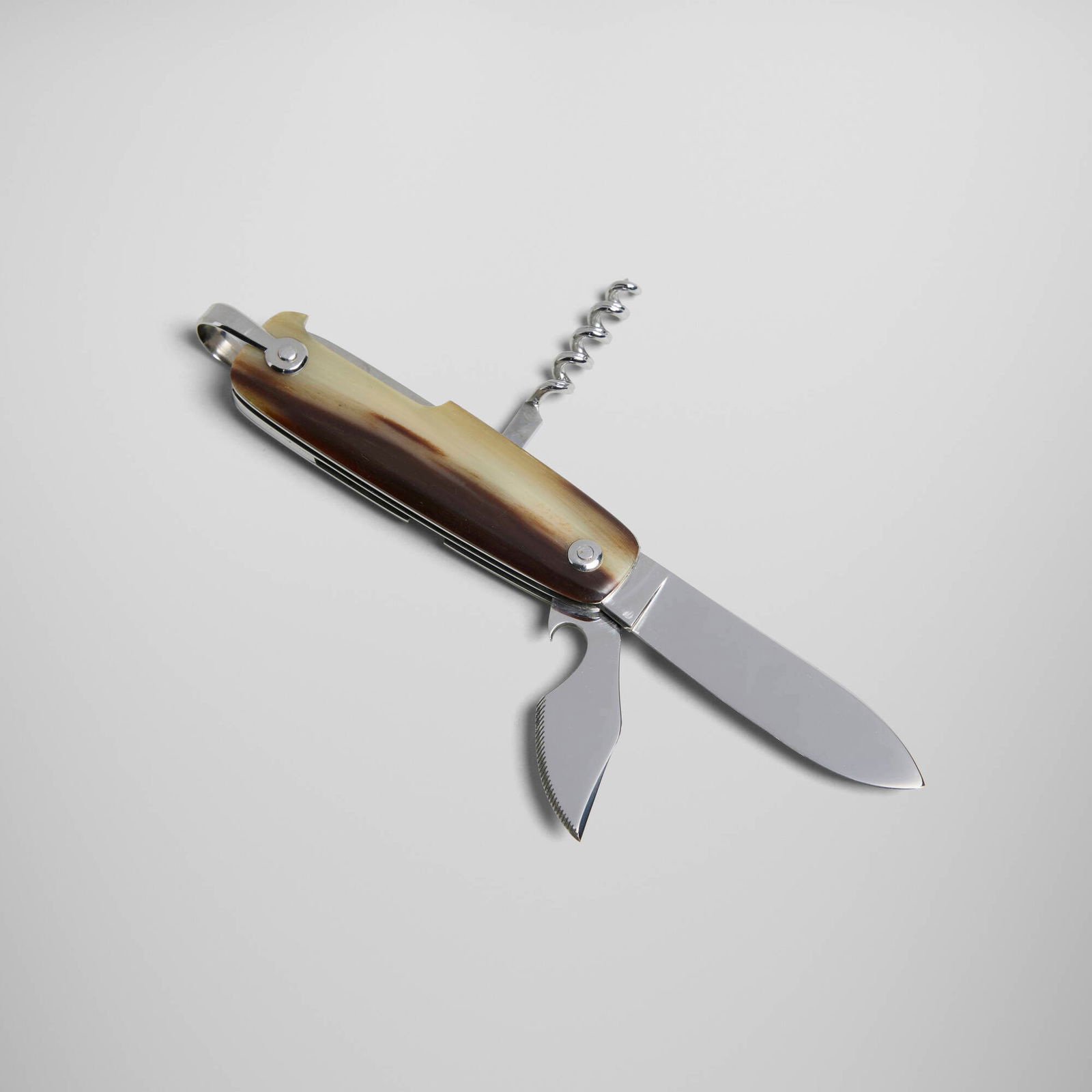 Jacques Mongin for Hermes, Sommelier knife with corkscrew and cap opener: Jacques Mongin for Hermes Sommelier knife with corkscrew and cap opener France, c. 1990horn, stainless steel 3.5 h x 1 w x 0.5 d in (9 x 3 x 1 cm) Impressed manufacturer's and retailer's marks