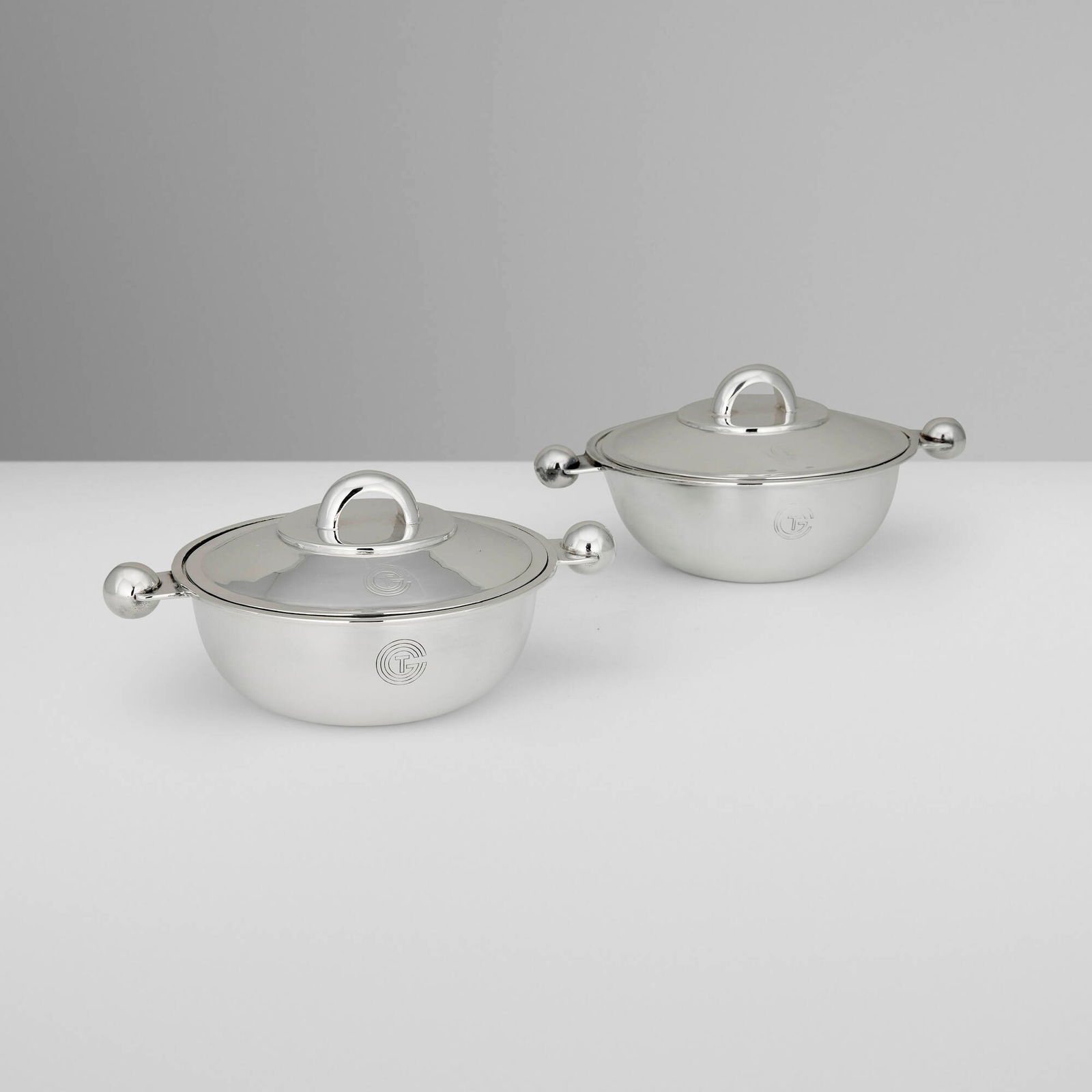 Luc Lanel, Transat covered dishes from SS Normandie, pair: Luc Lanel Transat covered dishes from SS Normandie, pair Christofle France, 1933 silver-plated metal 4 h x 9 w x 7 d in (10 x 23 x 18 cm) The present works were created for the first-class dining