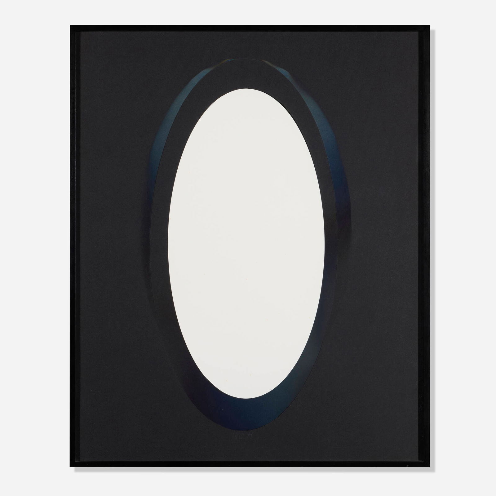 Larry Bell, MELBKIN 5 (Medium Ellipset on black Arches with insert): Larry Bell MELBKIN 5 (Medium Ellipset on black Arches with insert) 1984aluminum and silicon monoxide on black Arches sight: 27.625 h x 22.375 w in (70 x 57 cm) Signed and dated to lower center