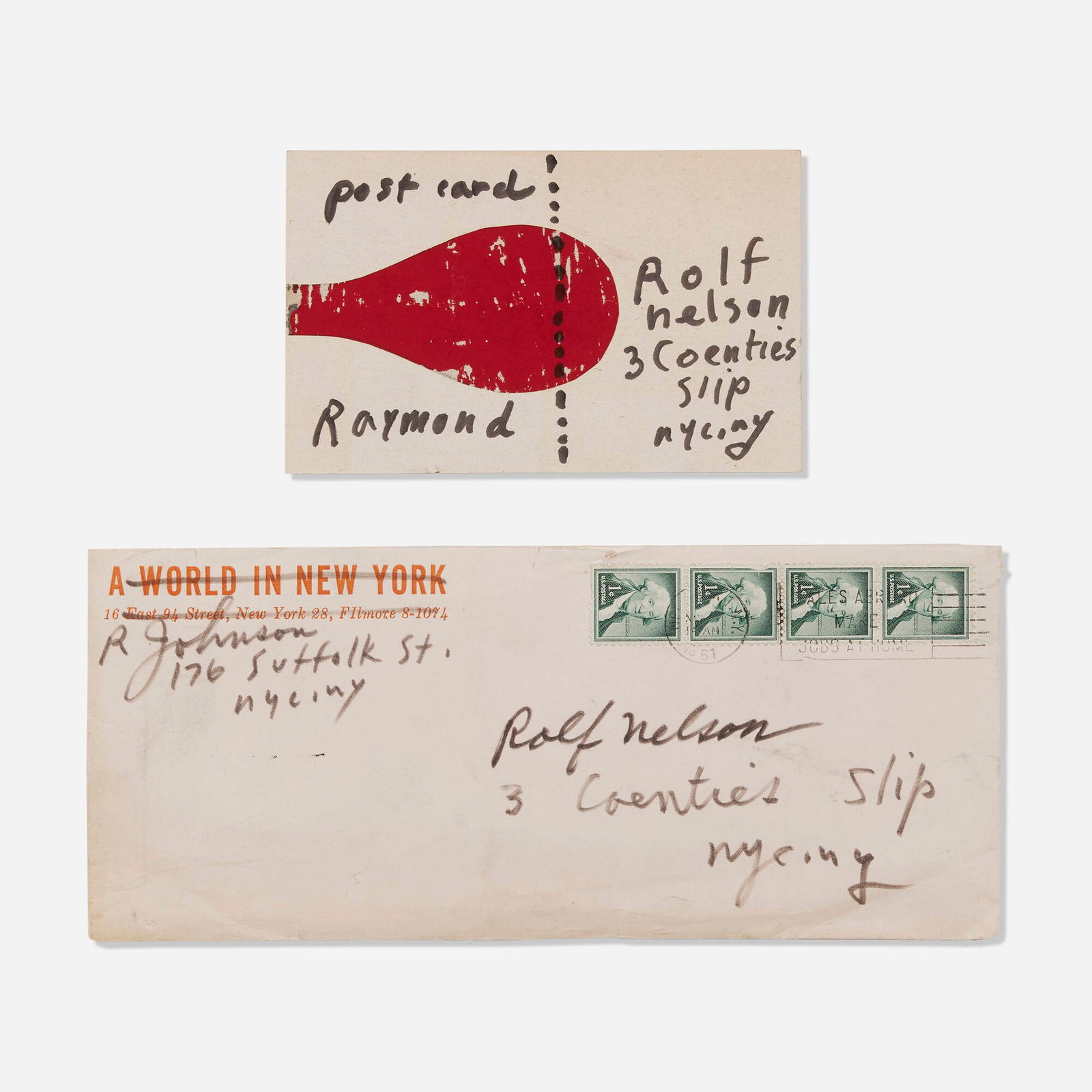 Ray Johnson, Untitled: Ray Johnson Untitled 1961mixed media 3.25 h x 5.25 w in (8 x 13 cm) 4 h x 9.5 w in (10 x 24 cm) Signed to each element 'Raymond' and 'R. Johnson'. Provenance: Gift f