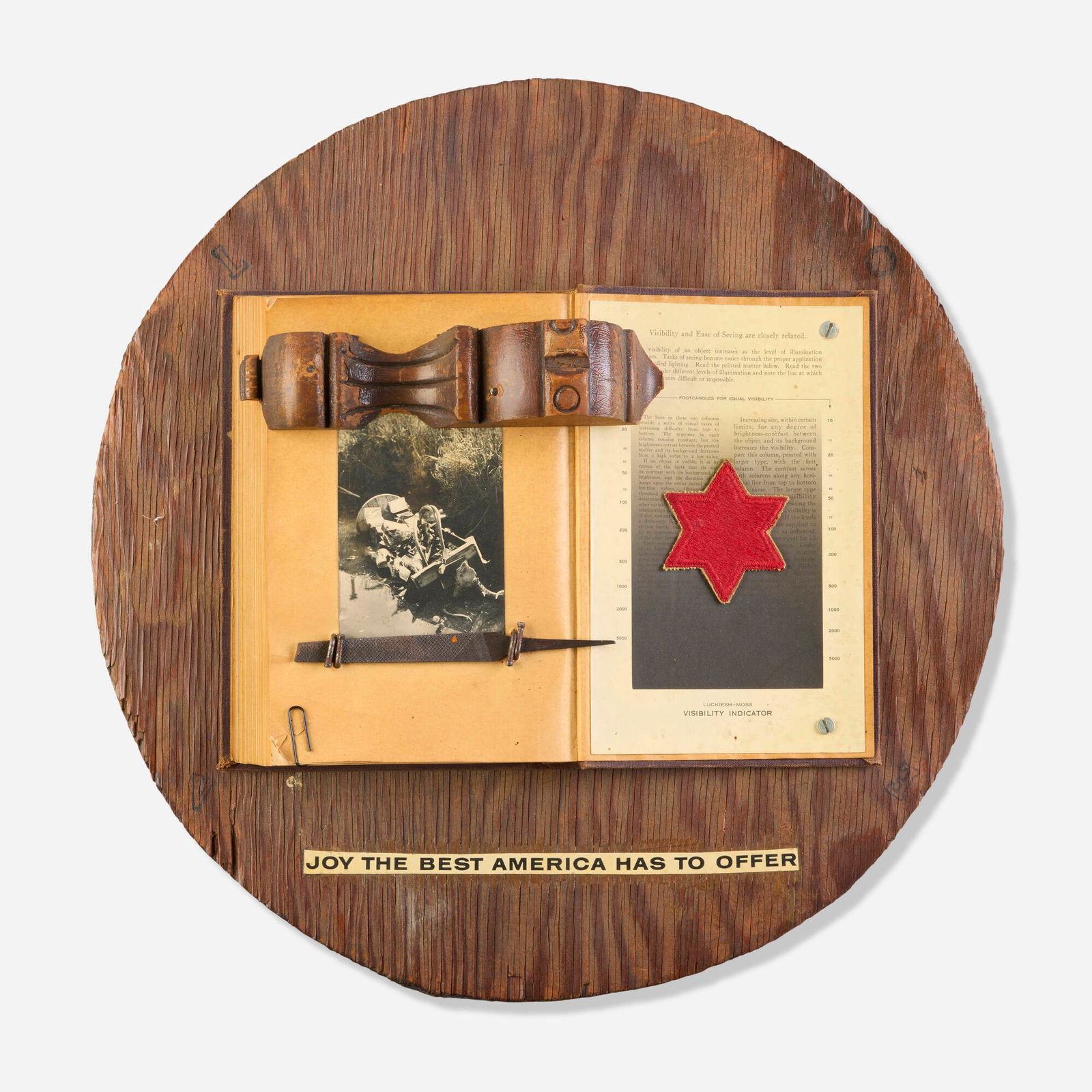 George Herms, Joy is the Best America Has to Offer: George Herms Joy is the Best America Has to Offer 1967-68 mixed media assemblage 3 d x 17 dia in (8 x 43 cm) Signed, titled and dated to verso 'Joy is the Best America has to Offer 1967-68 Love,