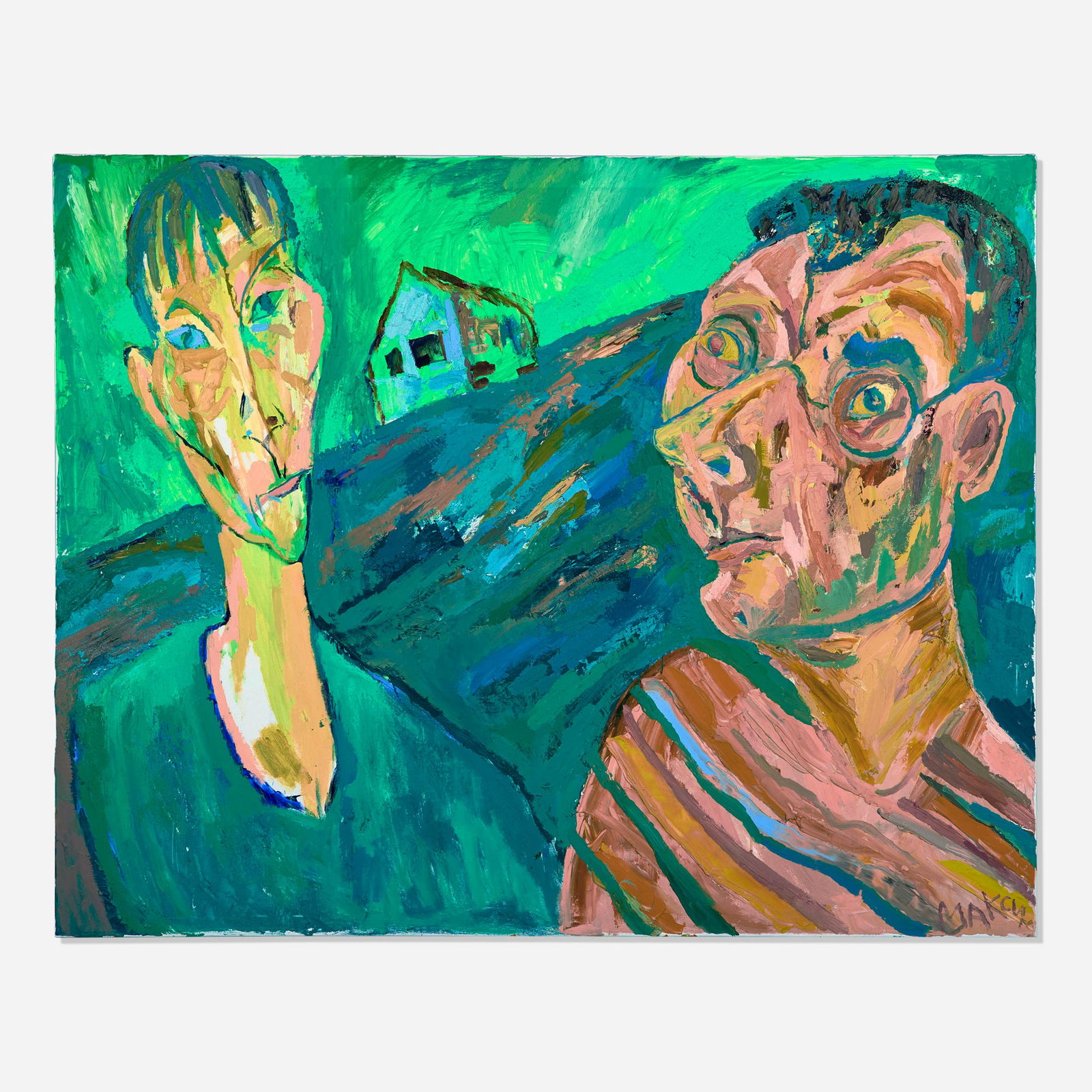 Maxim Kantor, Uli und Bernd: Maxim Kantor Uli und Bernd 1992 oil on canvas 47.25 h x 59 w in (120 x 150 cm) Signed in Cyrillic to lower right 'Maksim' Provenance: Private Collection, Beverly Hills This work will ship from