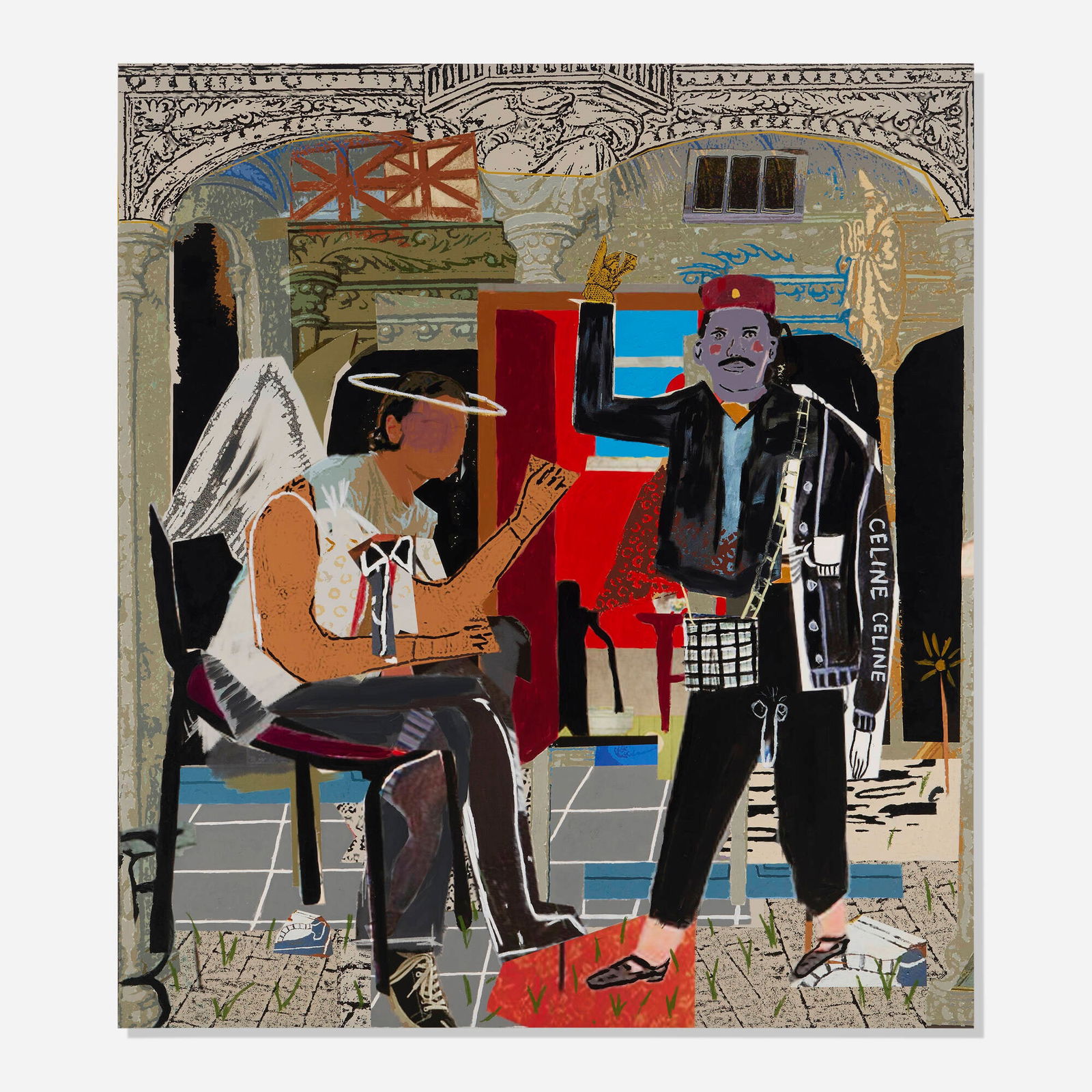 Olivier Souffrant, I ain't getting frisked: Olivier Souffrant I ain't getting frisked 2022 acrylic and archival CMYK ink on canvas 90 h x 79.75 w in (229 x 203 cm) Signed and dated to verso 'Olivier Souffrant 2022'. Provenance: Kravets |