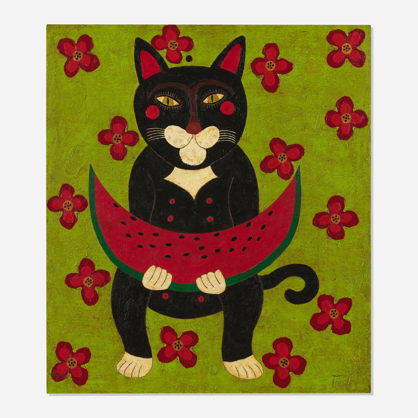 David Tinsley, Blackcat with Watermelon: David Tinsley Blackcat with Watermelon oil and tar on wood in artist's frame 18.75 h x 16.75 w in (48 x 43 cm) Signed to lower right 'Tinsley'. Signed and titled to verso 'Blackcat with Watermelon