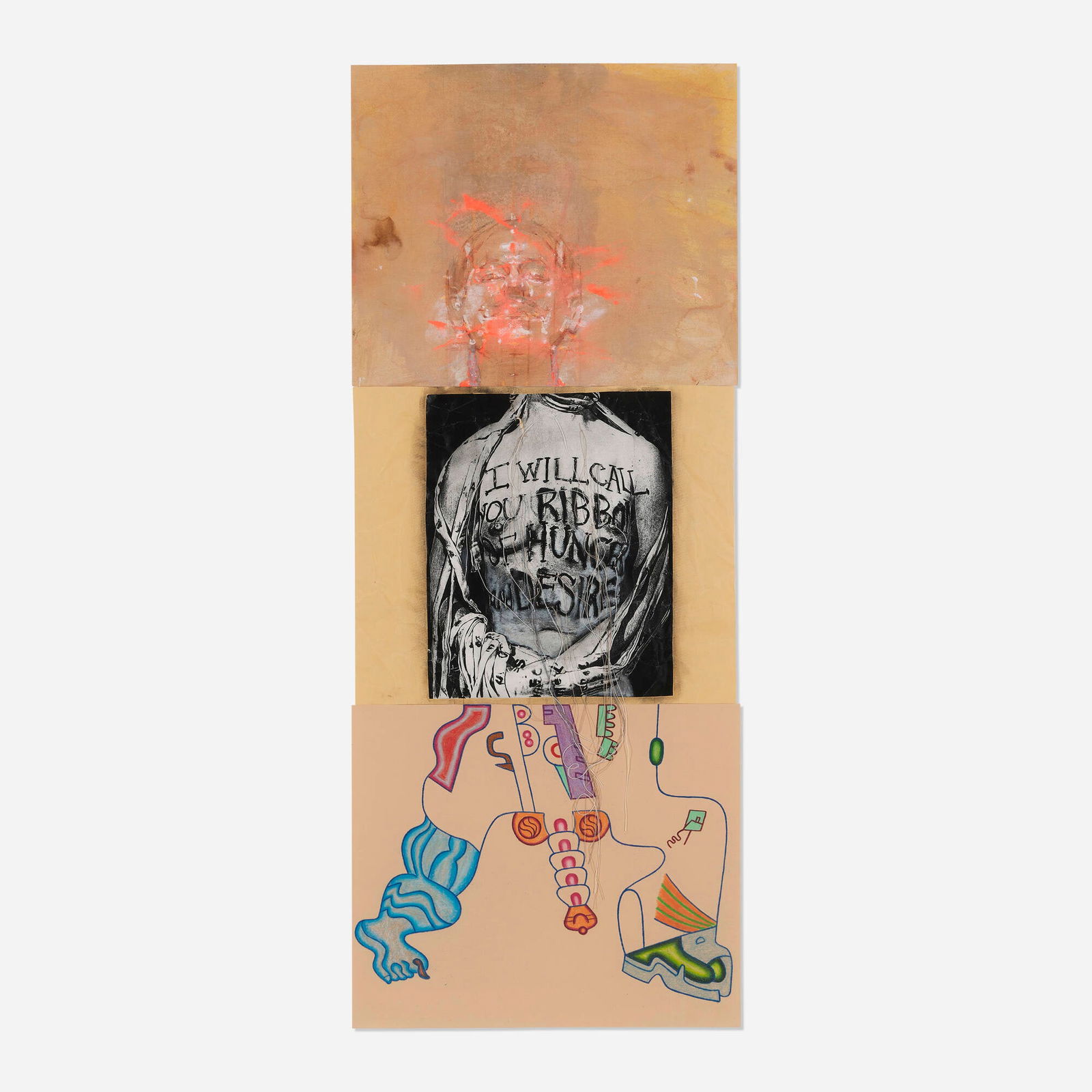 Susanna Coffey, Lesley Dill and Karl Wirsum, The Exquisite Corpse: Susanna Coffey, Lesley Dill and Karl Wirsum The Exquisite Corpse 2000 mixed media on paper 29.75 h x 12 w in (76 x 30 cm) Sold with exhibition booklet. Provenance: Printworks Gallery, Chicago |