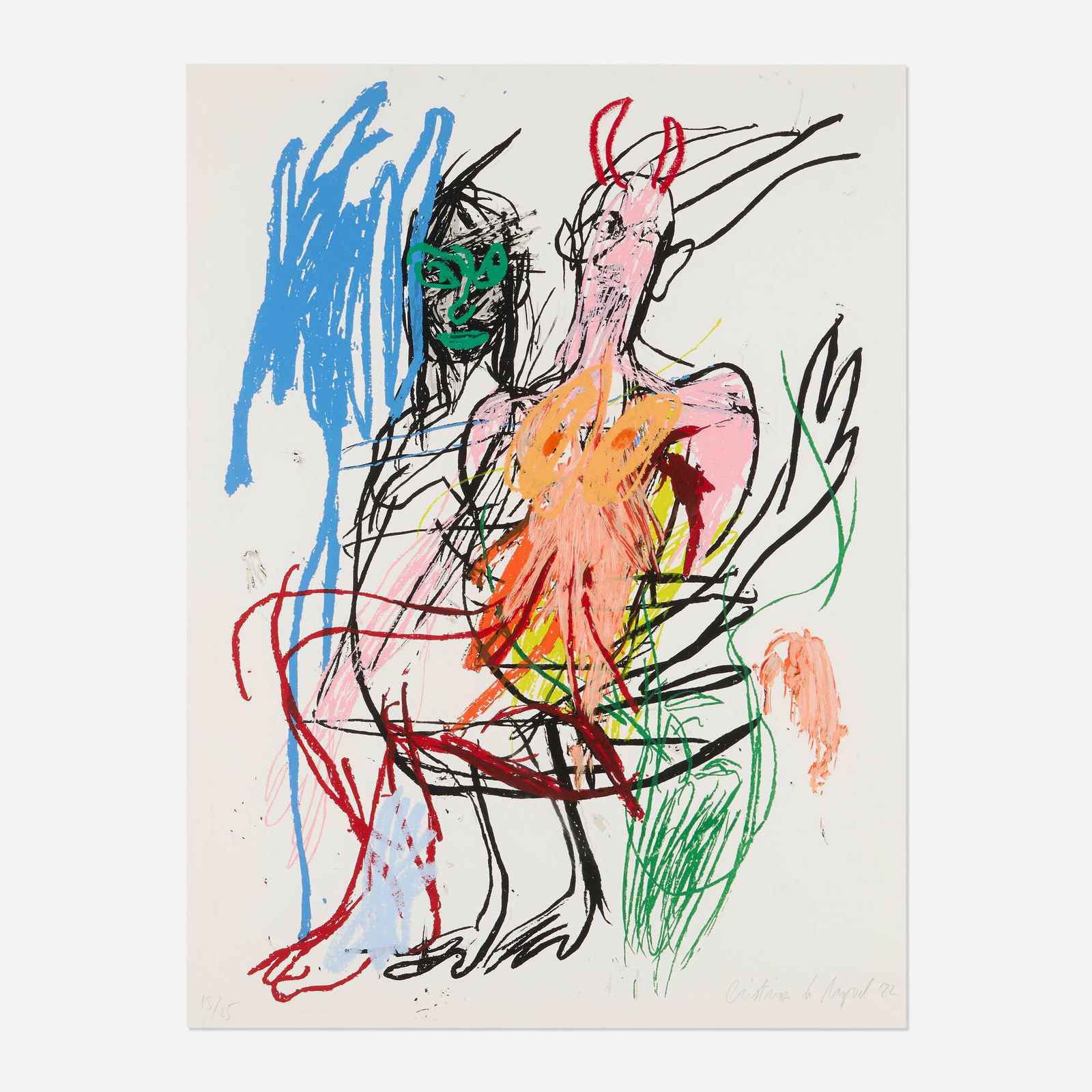 Cristina de Miguel, Two Figures in the Wind: Cristina de Miguel Two Figures in the Wind 2022 screenprint in colors hand-finished in oil stick on Coventry Rag 40 h x 29.875 w in (102 x 76 cm) Signed, dated and numbered to lower edge '15/25