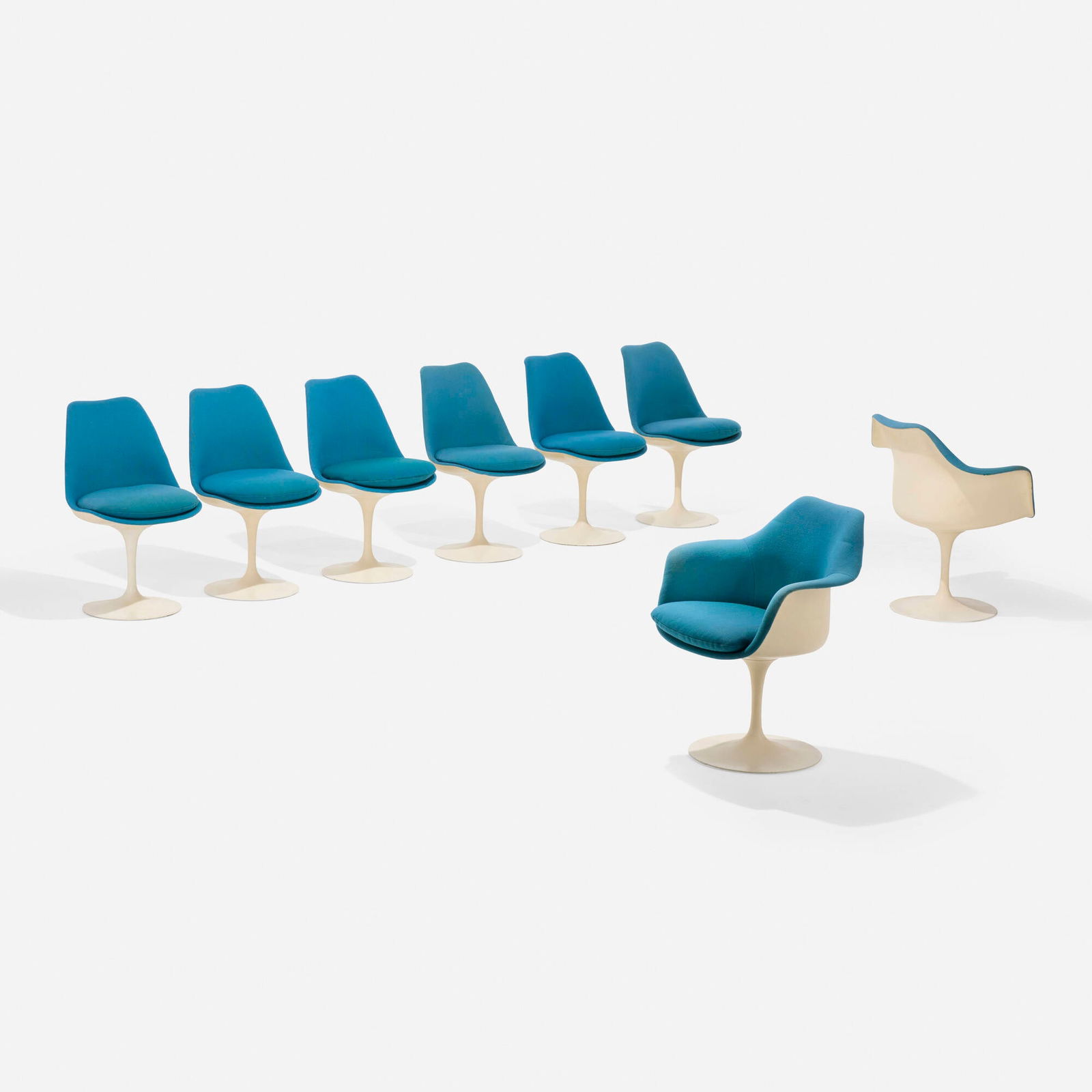 Eero Saarinen, Tulip chairs model 150 and 151, set of eight: Eero Saarinen Tulip chairs model 150 and 151, set of eight Knoll Associates USA, 1956 / c. 1965 lacquered fiberglass, enameled aluminum, Alexander Girard Hopsack upholstery armchair: 32.25 h x