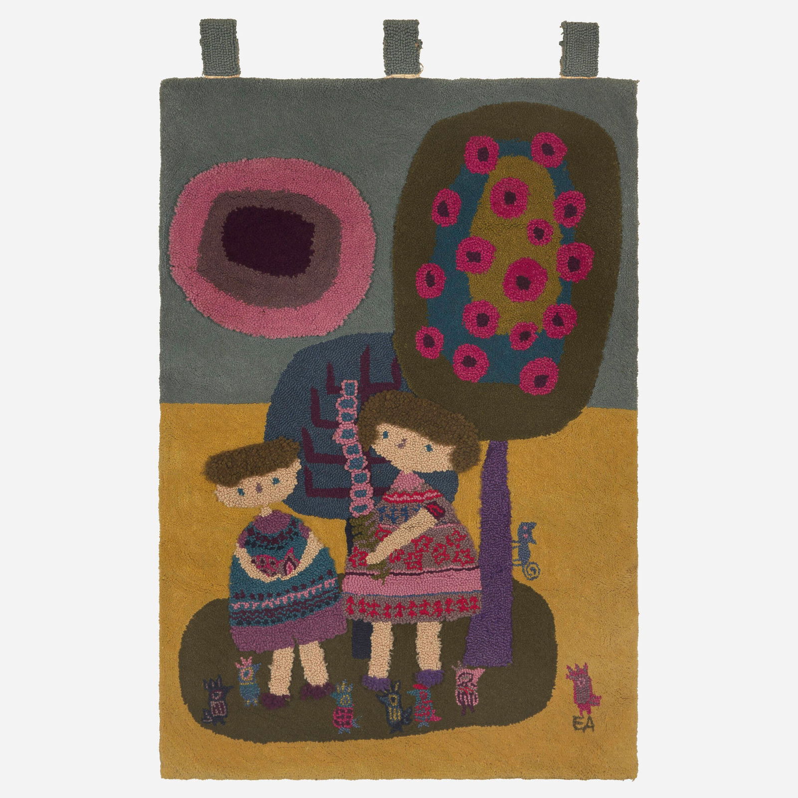 Evelyn Ackerman, Garden tapestry: Evelyn Ackerman Garden tapestry ERA Industries USA, 1962 hand-knotted wool 37 h x 24 w in (94 x 61 cm) Woven signature to lower right 'EA'. Fabric manufacturer's label to verso 'Evelyn Ackerman