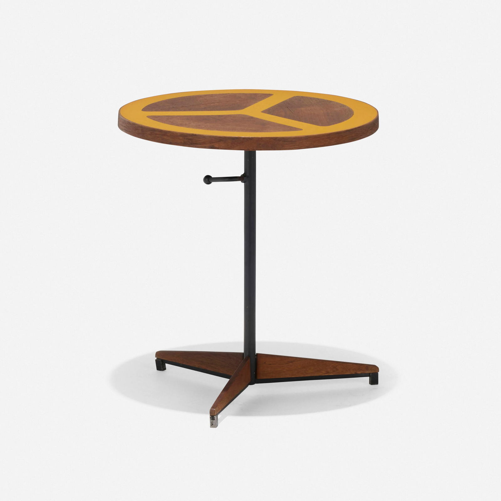 Peter Pepper Products, Adjustable occasional table: Peter Pepper Products Adjustable occasional table USA, c. 1955 enameled steel, walnut, resin 18 h x 16 dia in (46 x 41 cm) Foil manufacturer's label to underside 'Peter Pepper Products Palos
