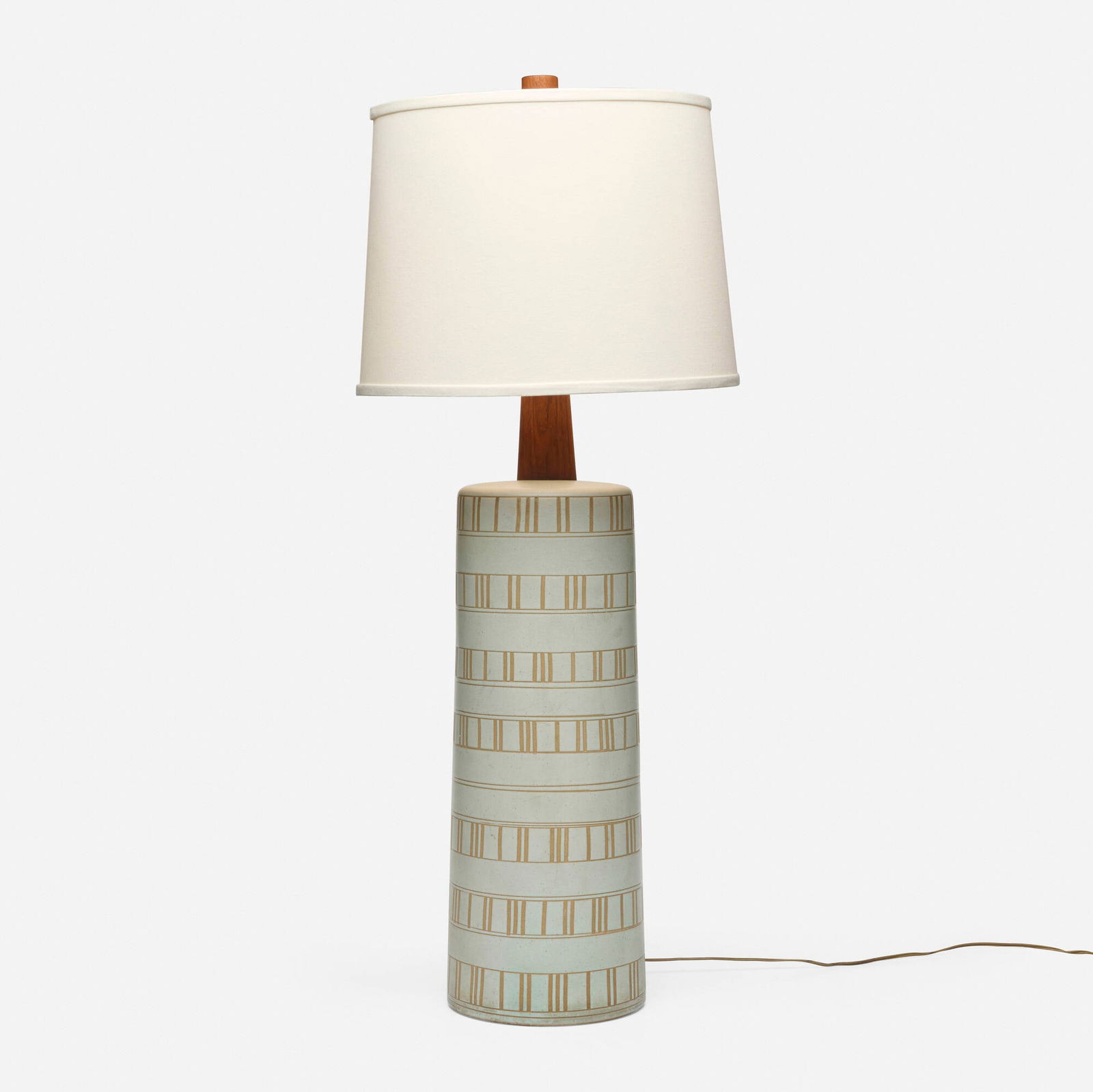 Gordon and Jane Martz, Table lamp: Gordon and Jane Martz Table lamp Marshall Studios USA, c. 1955 glazed stoneware, teak, brass, linen shade 39.5 h x 16 dia in (100 x 41 cm) Incised signature to edge of base 'Martz'. Literature: