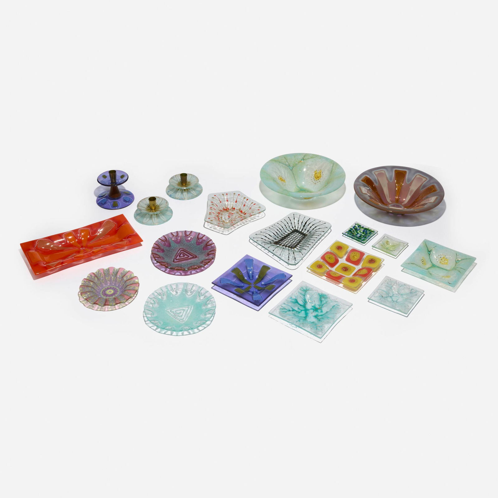 Michael and Frances Higgins, Collection of eighteen table accessories: Michael and Frances Higgins Collection of eighteen table accessories Higgins Glass Studio USA, c. 1960 hand-blown and fused glass tallest: 4.5 h x 5.375 dia in (11 x 14 cm) shortest: 0.75 h x 3.5 w