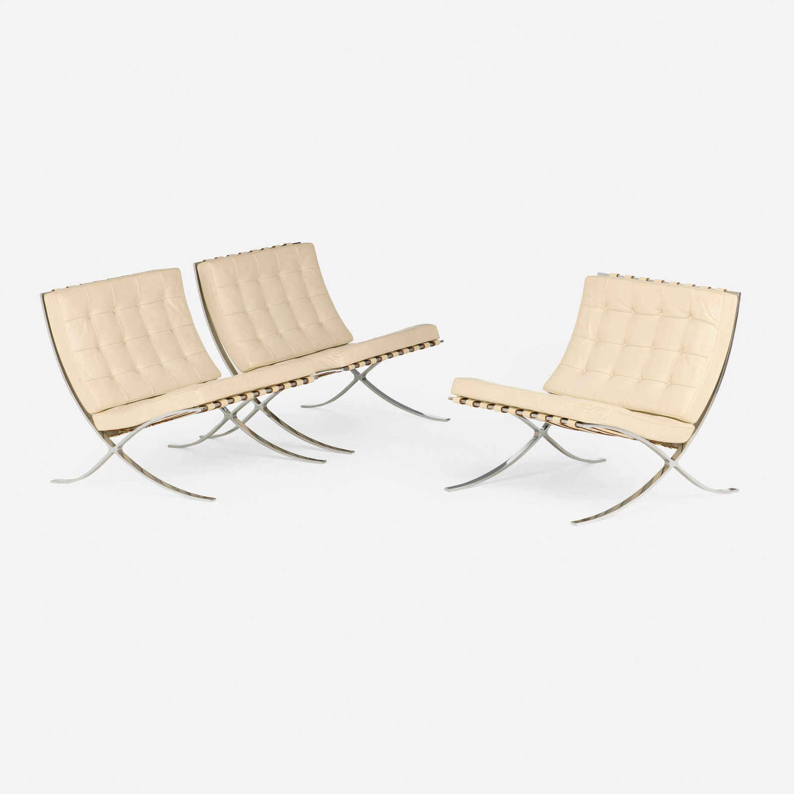Ludwig Mies van der Rohe, Barcelona chairs, set of three: Ludwig Mies van der Rohe Barcelona chairs, set of three Knoll International Germany / USA, 1929 / c. 1985 leather upholstery, chrome-plated steel 29 h x 29.5 w x 30 d in (74 x 75 x 76 cm) Stitched