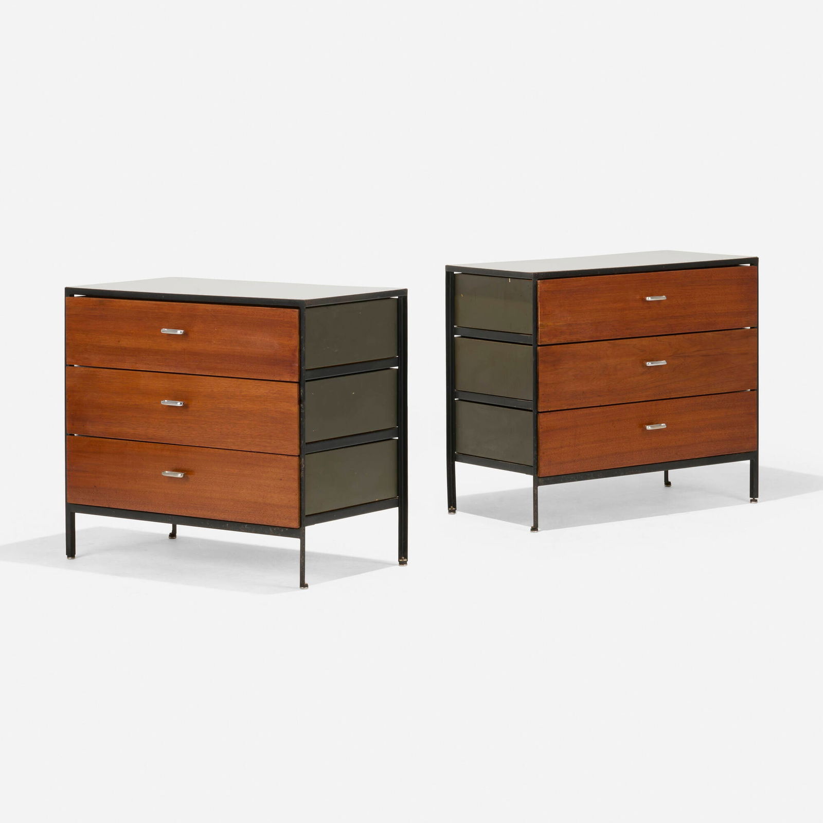 George Nelson & Associates, Steelframe cabinets model 4012, pair: George Nelson & Associates Steelframe cabinets model 4012, pair Herman MillerUSA, 1950 / c. 1960oak, laminate, chrome-plated aluminum, enameled steel 29.5 h x 33.5 w x 19.25 d in (75 x 85 x 49