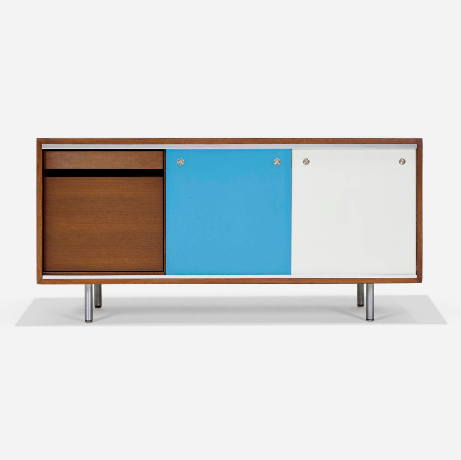 George Nelson & Associates, Executive Office Group desk return: George Nelson & Associates Executive Office Group desk return Herman Miller USA, c. 1956 walnut, chrome-plated aluminum, nickel-plated steel, laminate 25.75 h x 52.5 w x 18.5 d in (65 x 133 x 47