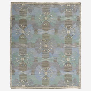Barbro Nilsson Park, Falkman carpet: Barbro Nilsson Park, Falkman carpet Märta Måås-Fjetterström AB Sweden, 1957 hand-woven wool 89 w x 111 l inches Woven signature to edge: [AB MMF BN].