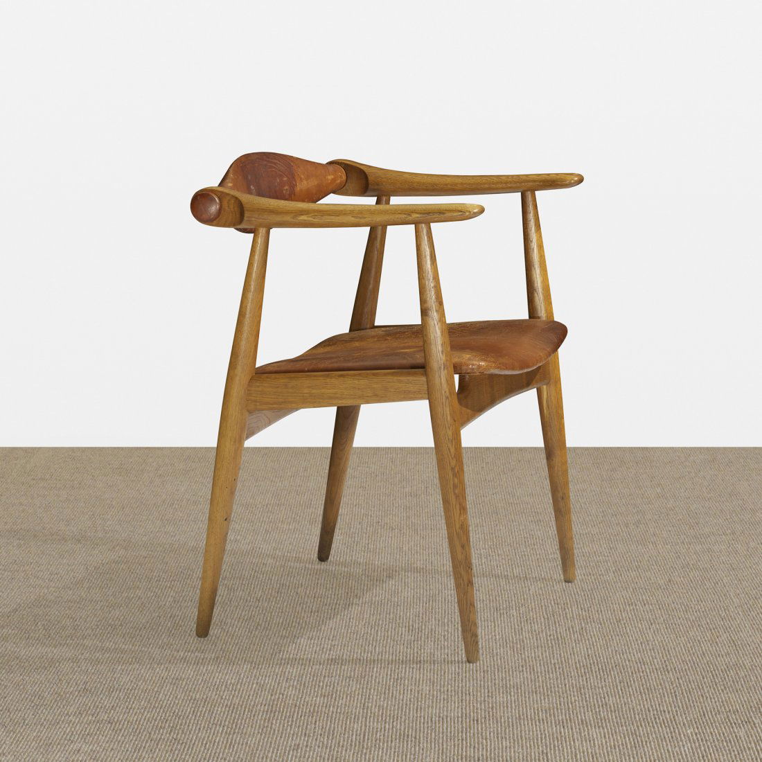 Hans Wegner armchair, model CH34: Hans Wegner armchair, model CH34 Carl Hansen & Son Denmark, 1960 oak, original leather 24.5 w x 20 d x 28.5 h inches Signed with branded manufacturer's mark to underside: [Designer Hans J. Wegner Made