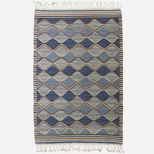 Barbro Nilsson Spättan carpet: Barbro Nilsson Spättan carpet Märta Måås-Fjetterström AB Sweden, 1943 hand-woven wool 54 w x 93 l inches Woven signature to edge: [AB MMF BN].