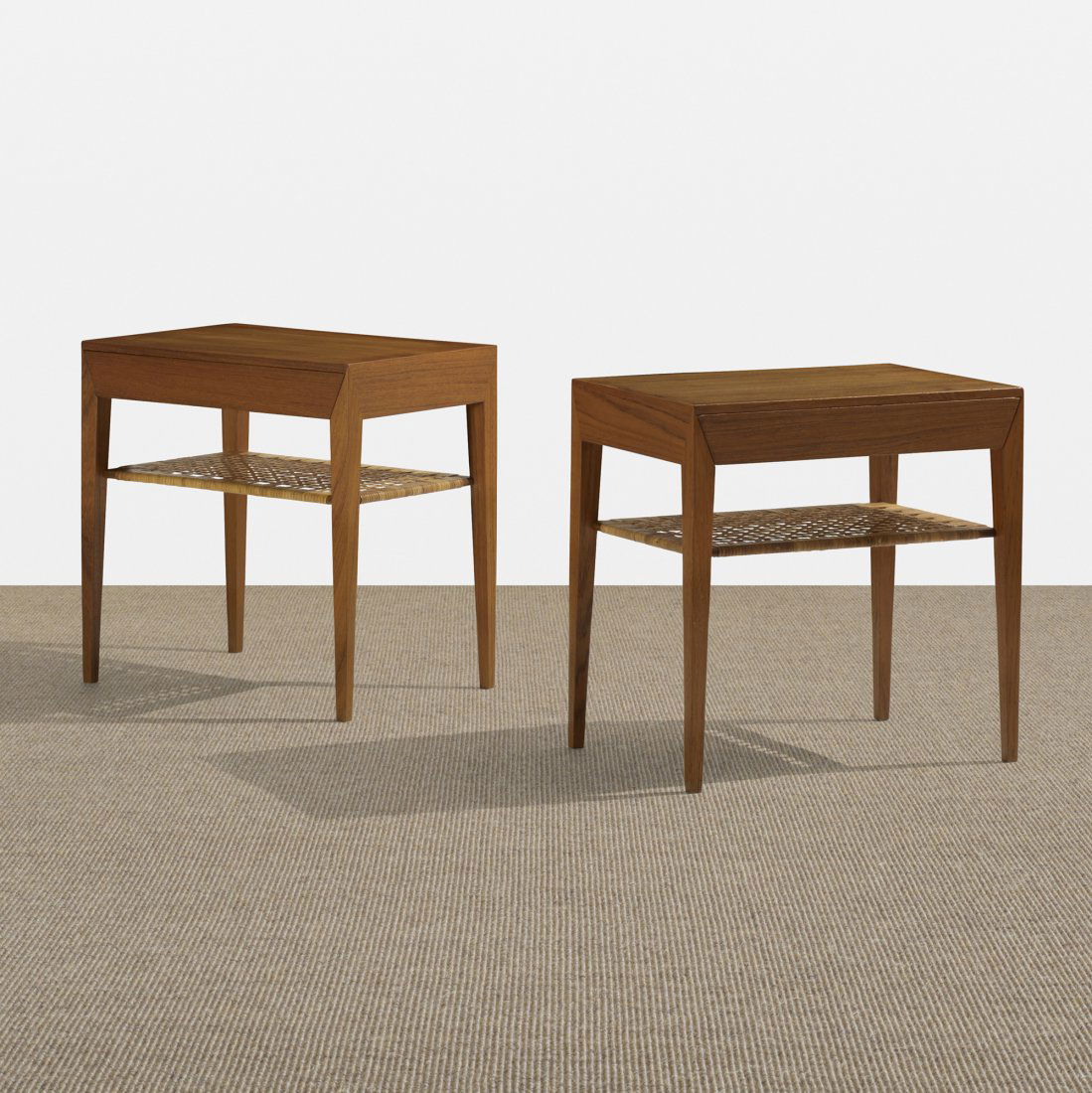 Severin Hansen nightstands, pair: Severin Hansen nightstands, pair Haslev Møbelsnedkeri A/S Denmark, c. 1965 teak, cane 19.5 w x 13.5 d x 19.75 h inches Each nightstand features a single drawer. Signed with branded manufacturer's mar