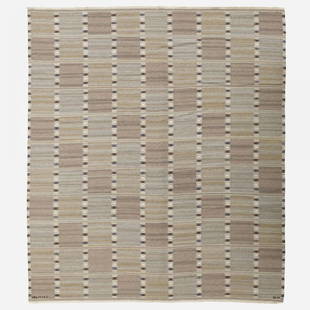 Barbro Nilsson Falurutan carpet: Barbro Nilsson Falurutan carpet Märta Måås-Fjetterström AB Sweden, 1952 hand-woven wool 96 w x 112 l inches Woven signature to edge: [AB MMF BN].