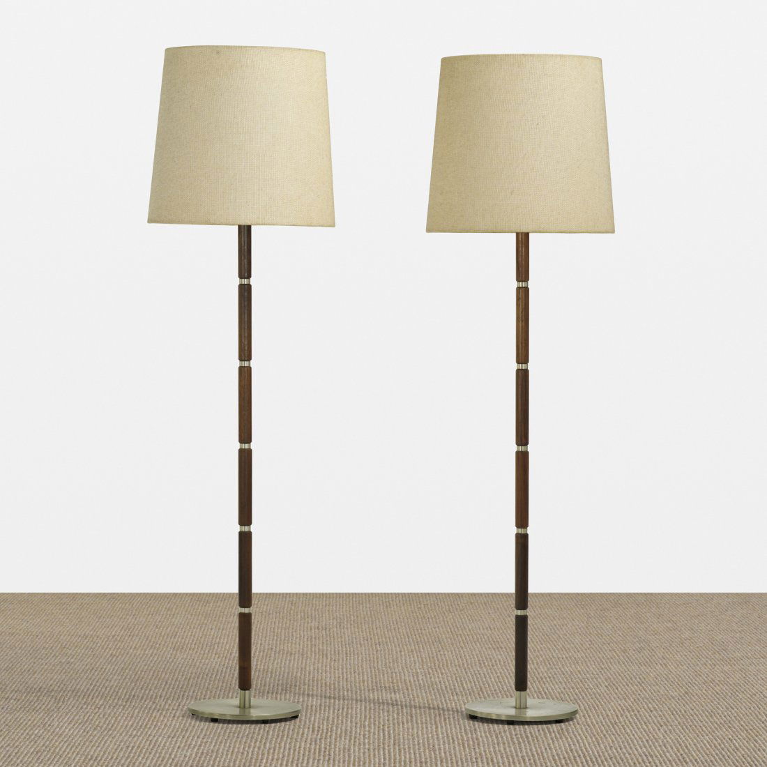 Lyfa floor lamps, pair: Lyfa floor lamps, pair Denmark, c. 1960 rosewood, aluminum, linen 16 dia x 56 h inches