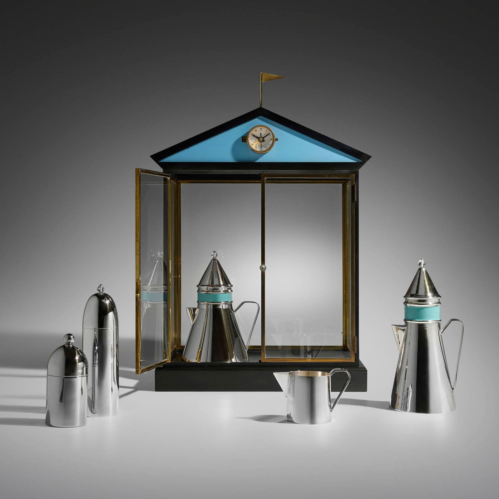 Aldo Rossi, Rare Piazza coffee and tea service: Aldo Rossi Rare Piazza coffee and tea service AlessiItaly, 1979-1983 / 1984-85sterling silver, enamel, patinated copper, brass, painted wood, glass, stainless steel, enameled metal 26 h x 18 w