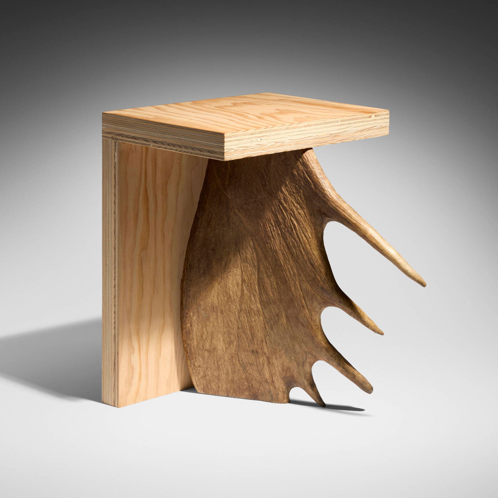 Rick Owens, Stag T: Rick Owens Stag T USA/France, c. 2018 moose antler, plywood 17.25 h x 16.5 w x 13.75 d in (44 x 42 x 35 cm) Carved signature to underside 'Rick Owens'. Provenance: Private Collection This work