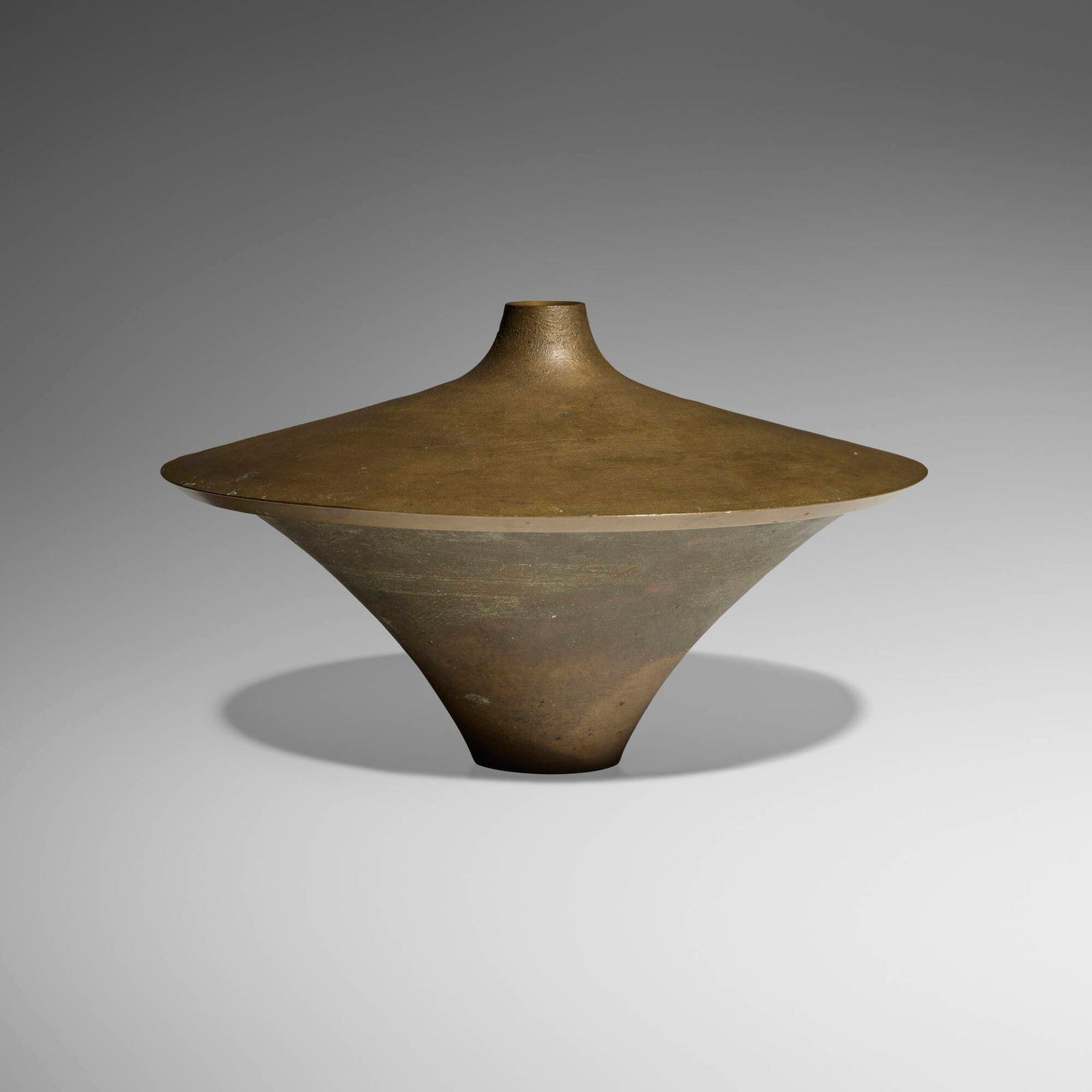 Angelo Mangiarotti, Lidded vessel: Angelo Mangiarotti Lidded vessel Battaglia Foundry for BerniniItaly, 1965turned bronze 6.75 h x 11 dia in (17 x 28 cm) Impressed to underside of base element 'Mangiarotti'. Impressed to