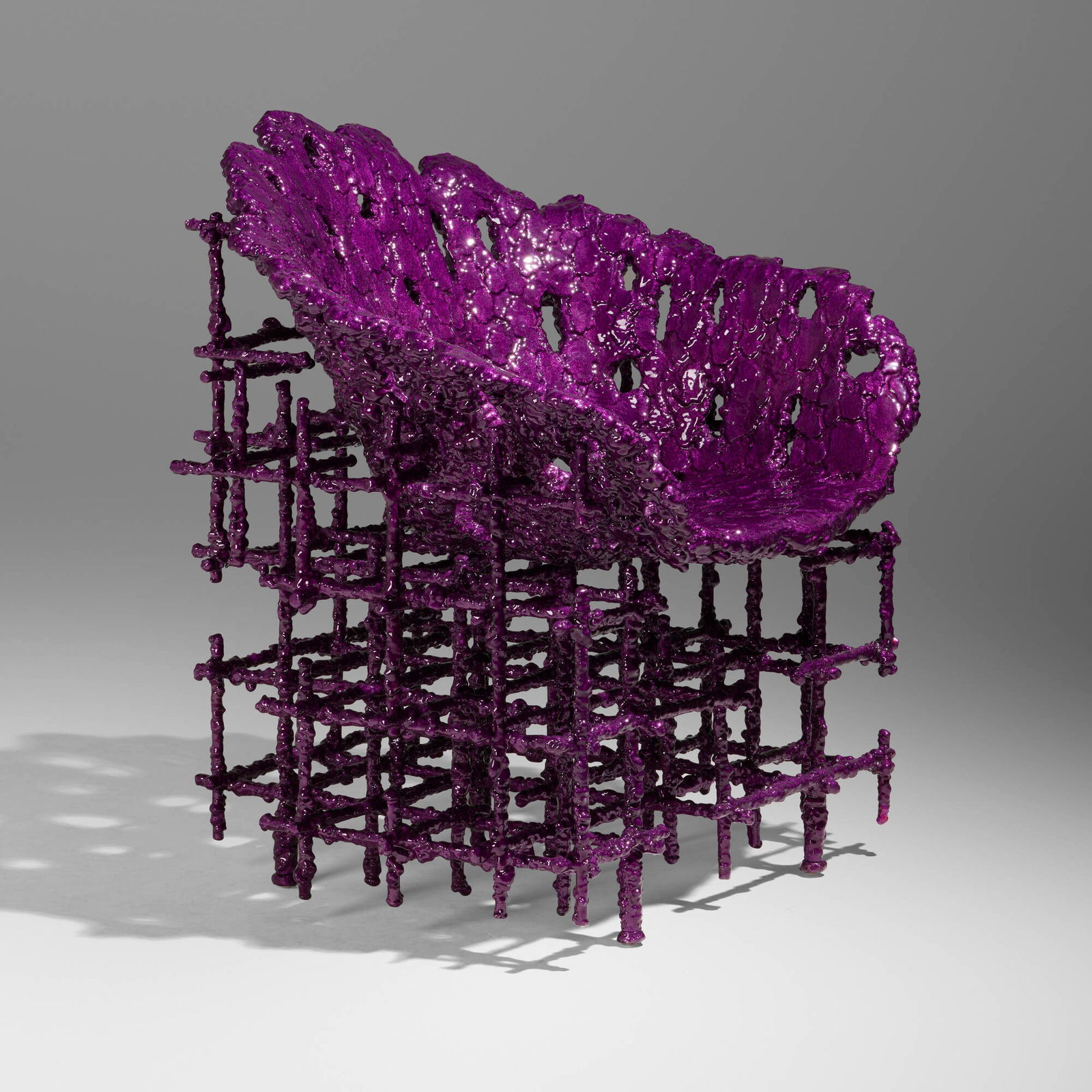 Chris Schanck, Shell Chair from the Alufoil series: Chris Schanck Shell Chair from the Alufoil series USA, 2017 steel, polystyrene, polyurea, aluminum foil, resin 37.5 h x 31.5 w x 30 d in (95 x 80 x 76 cm) Aluminum manufacturer's label to