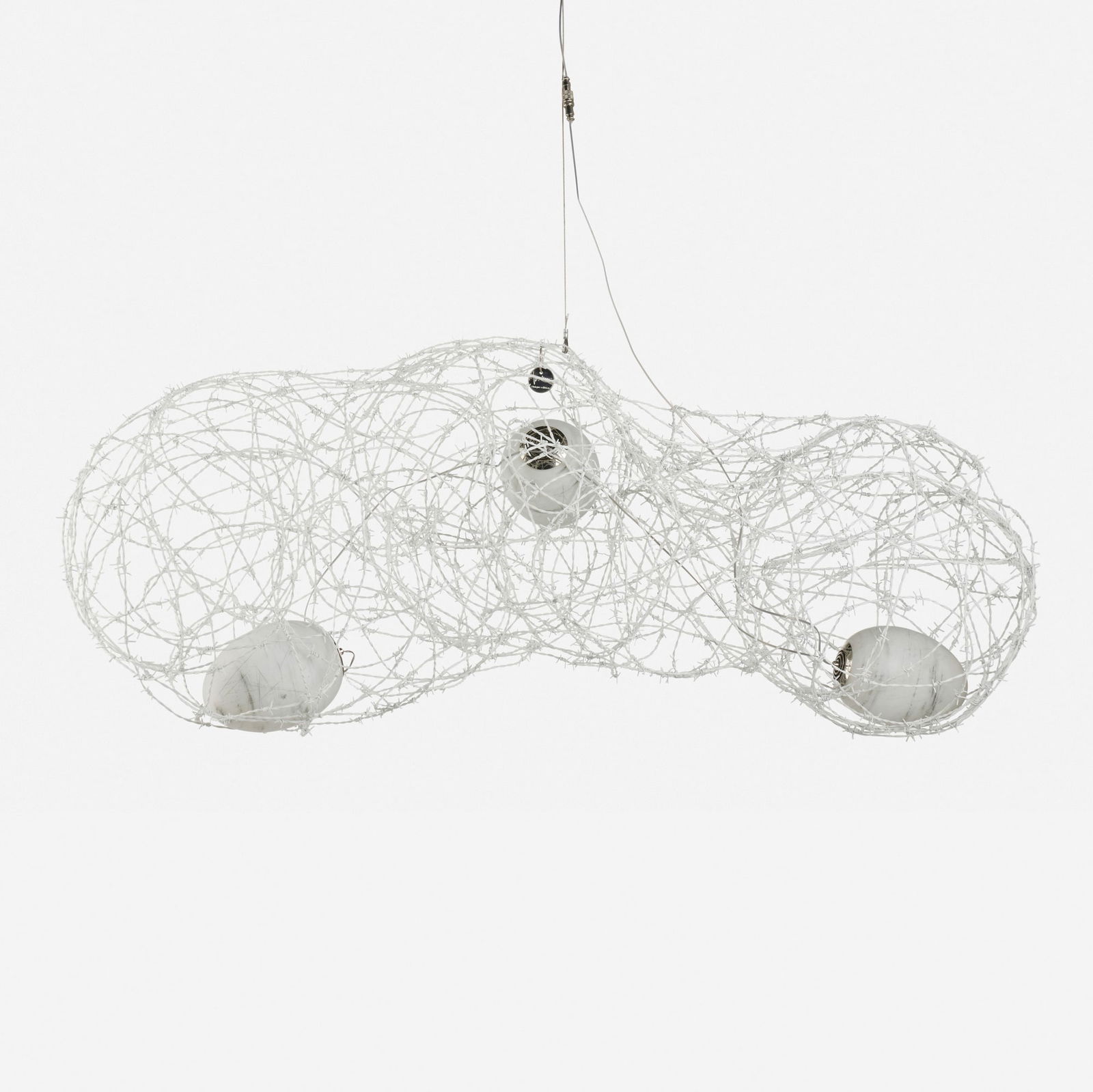 Marcel Wanders, Born, Raised and Protected: Benjamin ceiling lamp: Marcel Wanders Born, Raised and Protected: Benjamin ceiling lamp The Netherlands, 2017 painted steel, chrome-plated steel, glass 20.5 h x 59.75 w x 28 d in (52 x 152 x 71 cm) Metal tag to top of