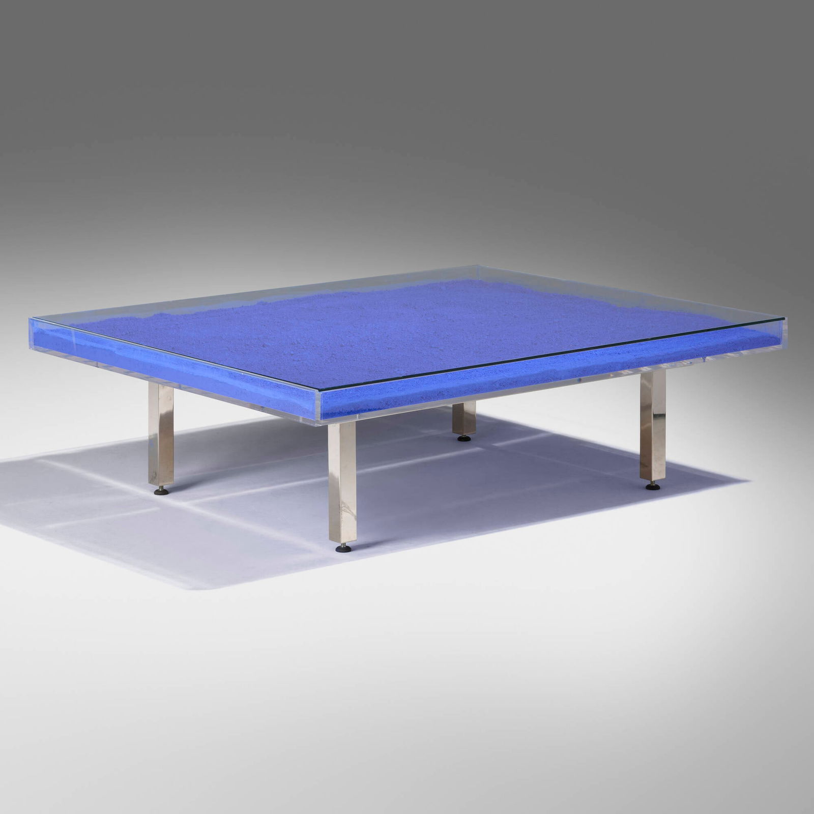 Yves Klein, Table Bleue: Yves Klein Table Bleue France, 1961-63 International Klein Blue pigment, glass, Plexiglas, chrome-plated steel 15 h x 49.5 w x 39.5 d in (38 x 126 x 100 cm) This work is from the edition started
