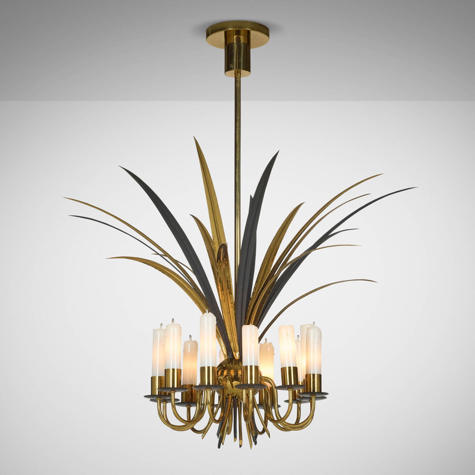 Angelo Lelii, Rare ceiling lamp, model 12821: Angelo Lelii Rare ceiling lamp, model 12821 Arredoluce Italy, c. 1960 brass, lacquered brass, hand-blown glass 35.5 h x 27 dia in (90 x 69 cm) Decal manufacturer's label to ceiling cap 'Made in