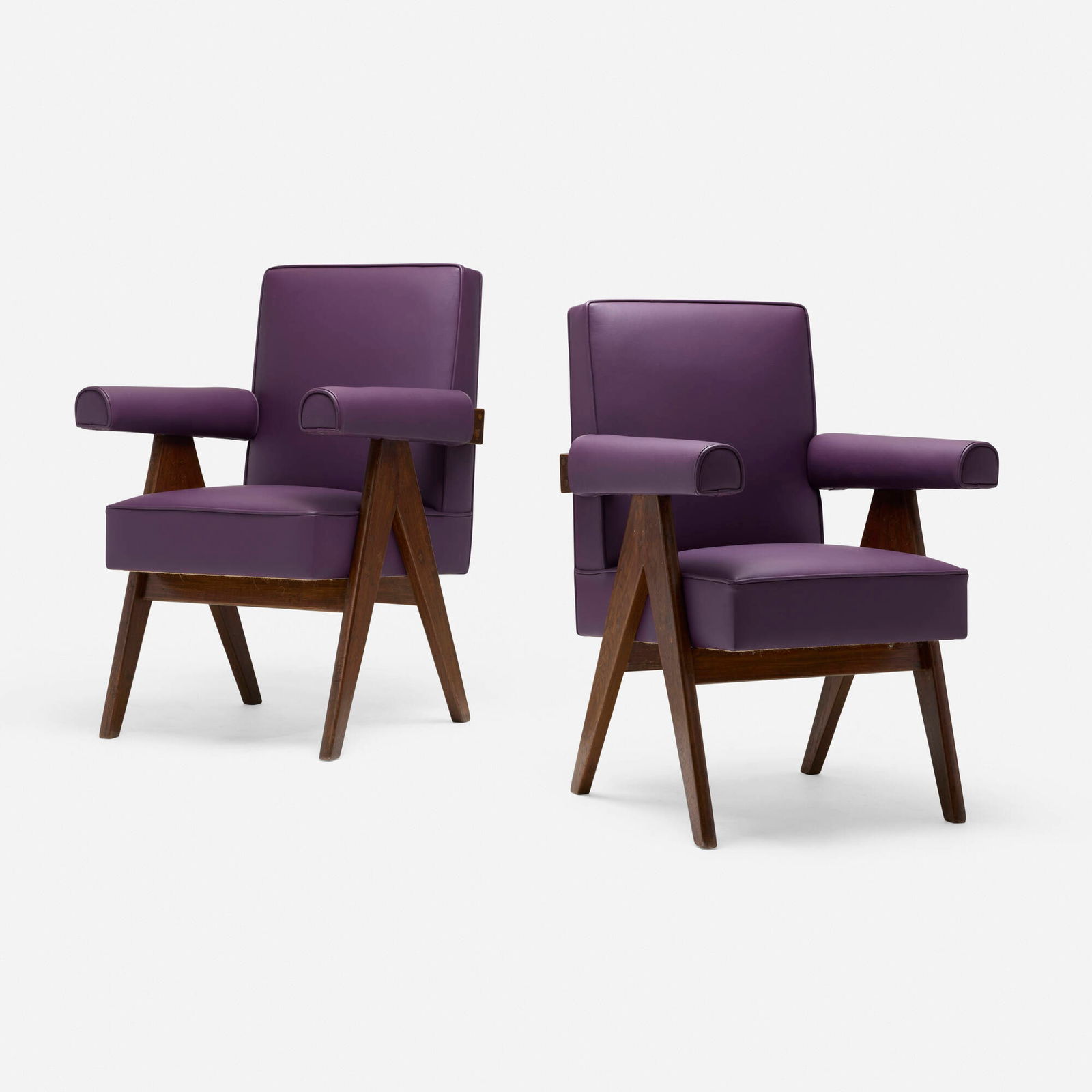 Pierre Jeanneret, Committee chairs from High Court, Chandigarh, pair: Pierre Jeanneret Committee chairs from High Court, Chandigarh, pair France/India, c. 1953 leather upholstery, teak 37.25 h x 23.5 w x 26 d in (95 x 60 x 66 cm) Provenance: High Court, Chandigarh,