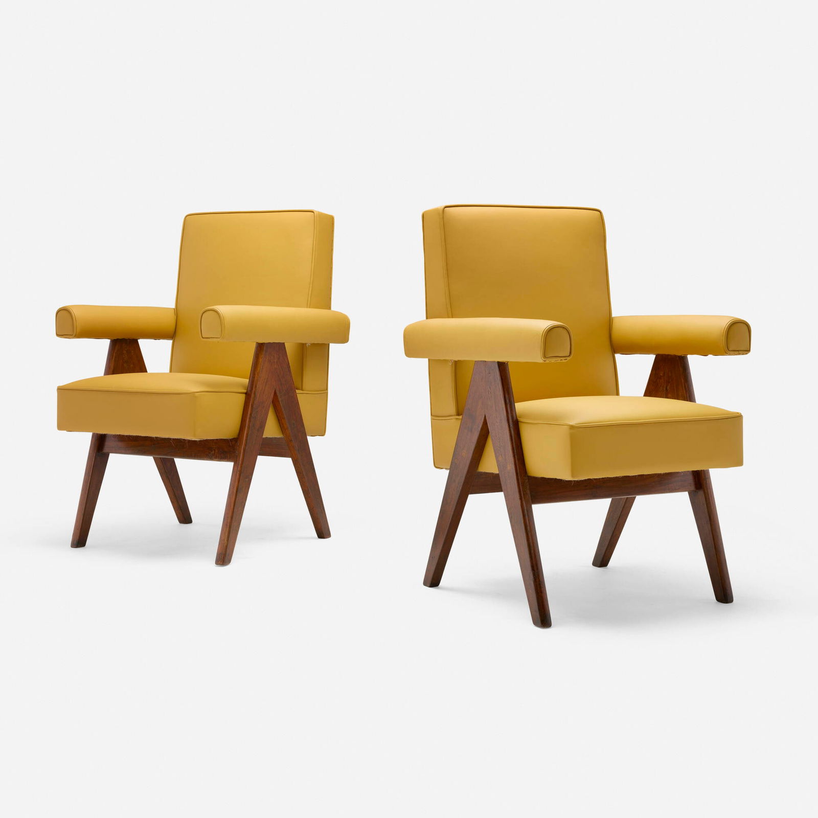 Pierre Jeanneret, Committee chairs from High Court, Chandigarh, pair: Pierre Jeanneret Committee chairs from High Court, Chandigarh, pair France/India, c. 1953leather upholstery, teak 37.25 h x 23.5 w x 26 d in (95 x 60 x 66 cm) Provenance: High