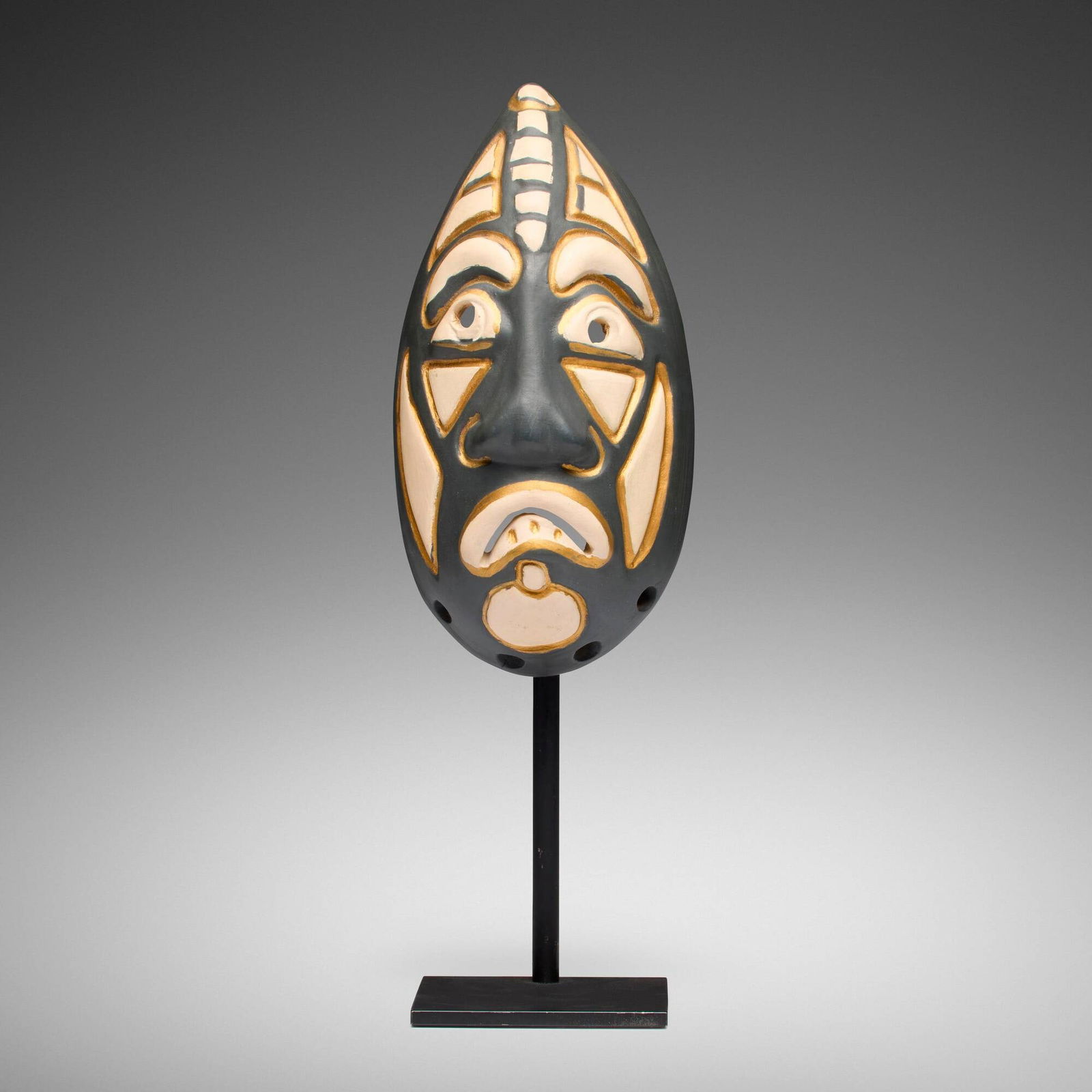 Jacque Sagan, Mask: Jacque Sagan Mask France, c. 1950 enameled and gilt earthenware 9.5 h x 4.75 w x 3 d in (24 x 12 x 8 cm) Incised signature to verso 'J. Sagan Vallauris'. Provenance: Private Collection This