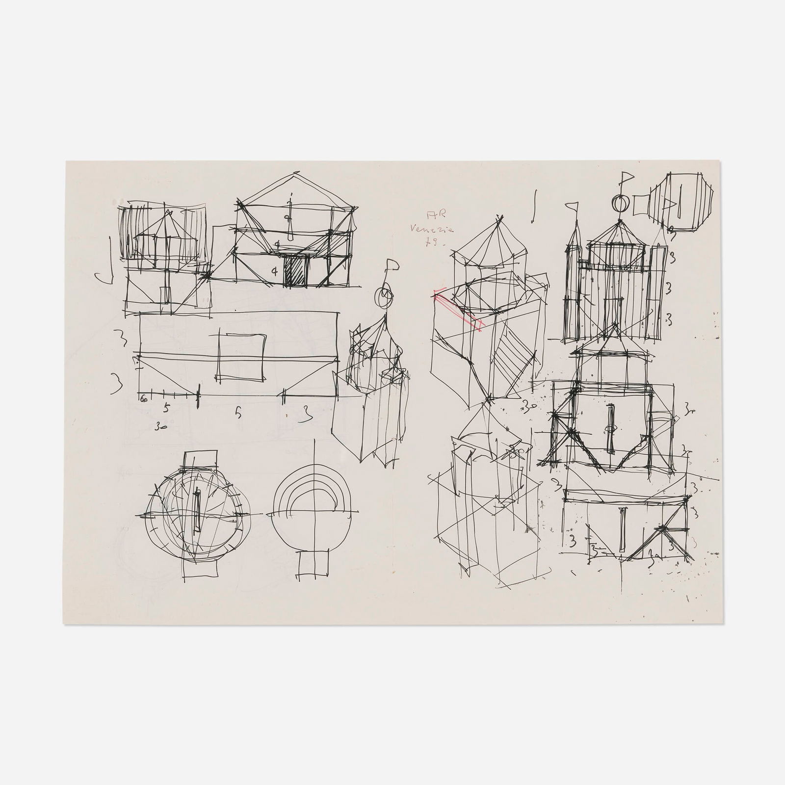 Aldo Rossi, Venezia: Aldo Rossi Venezia 1979 ink on paper 11.5 h x 16.5 w in (29 x 42 cm) Signed, titled and dated to upper center 'AR Venezia 79'. Provenance: Collection of Gilbert and Lila Silverman, Bloomfield