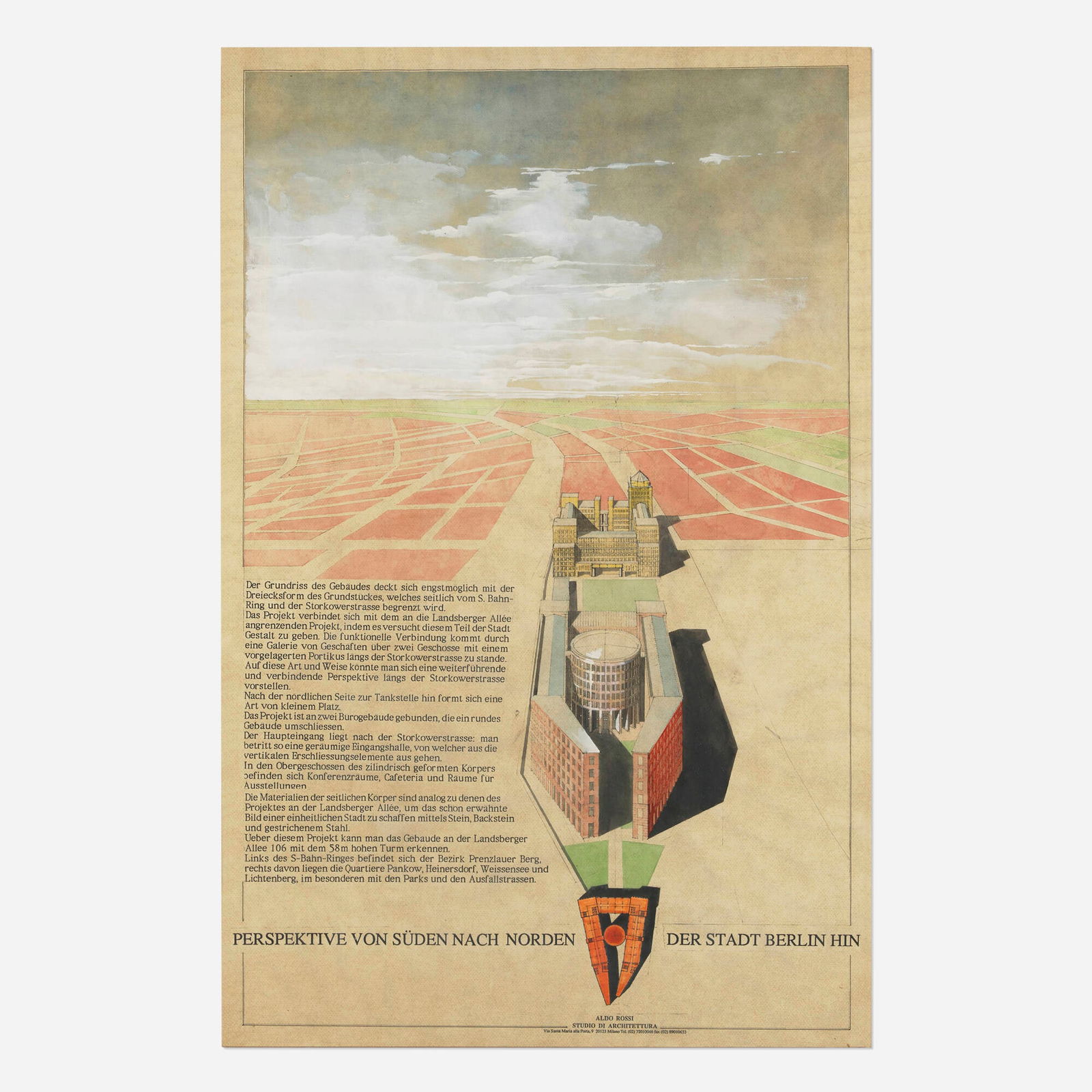 Aldo Rossi, Perspektive von Suden nach Norden der Stadt Berlin Hin (Technical Drawing): Aldo Rossi Perspektive von Suden nach Norden der Stadt Berlin Hin (Technical Drawing) 1996 hand-colored mixed media and gouache on paper sight: 34.75 h x 22.5 w in (88 x 57 cm) Provenance: Max